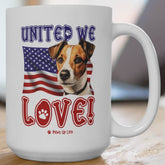 "United We Love" Russell Terrier 15oz Ceramic Mug – Fun Patriotic Dog Lover Drinkware, Perfect for Coffee & Tea!