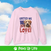 "United We Love" Soft Coated Wheaten Terrier Dog Crewneck Sweatshirt – Patriotic Dog Lover Gift, Unisex Apparel for Proud Dog Moms & Dads