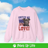 "United We Love" Staffordshire Bull Terrier Dog Crewneck Sweatshirt – Patriotic Dog Lover Gift, Unisex Apparel for Proud Dog Moms & Dads