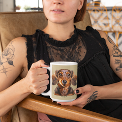15 oz White Ceramic Mug with Adorable Long-Haired Dachshund Design – Ideal for Coffee, Tea, and Dog Enthusiasts. | Paws Up Life, LLC
