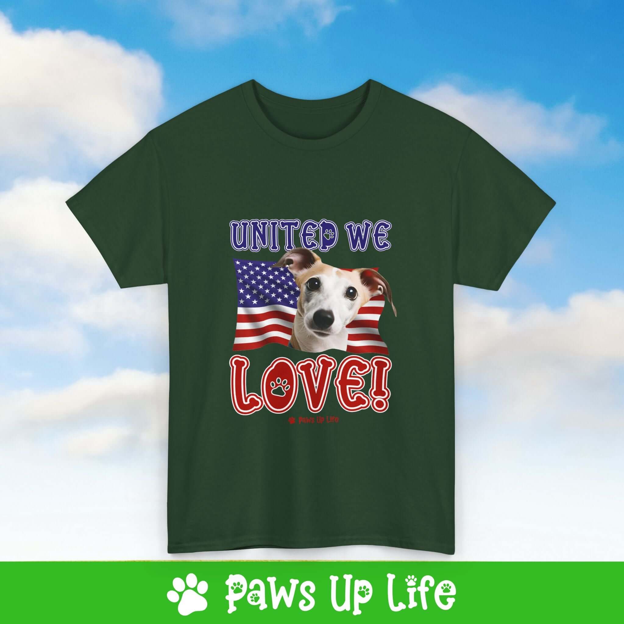 "United We Love" Whippet Lover T-Shirt - Patriotic Dog Design Tee for Dog Lovers, Unisex Dog Mom & Dad Tee with Classic Collar - Cotton Fabric Tshirt | Paws Up Life, LLC