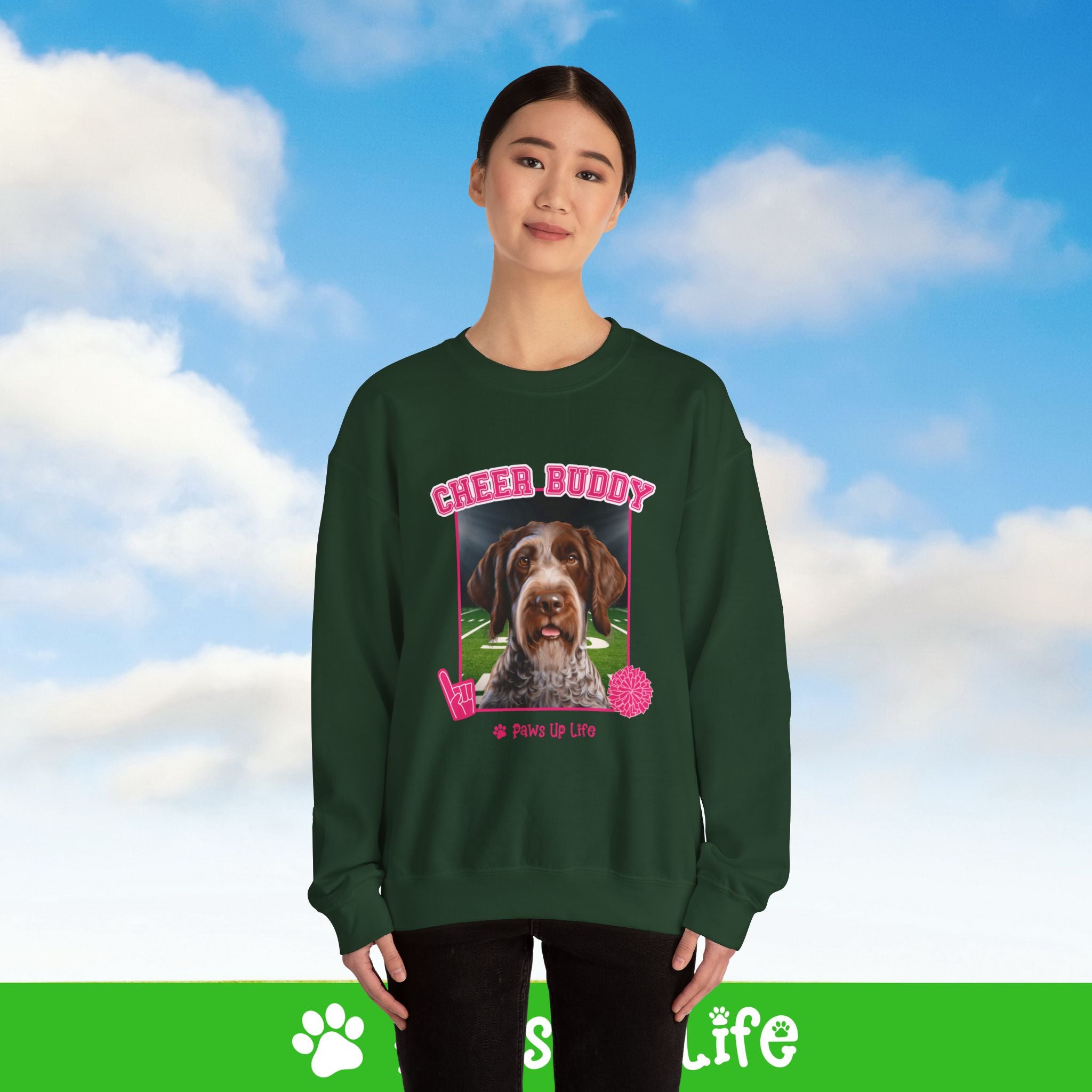 German Wirehaired Pointer Football Cheer Buddy Cheerleading Dog Crewneck Sweatshirt, Unisex Gift for Animal Lovers, Dog Mom Dad Sweatshirt, Cute Dog Lover Apparel, Fun Pet | Paws Up Life, LLC