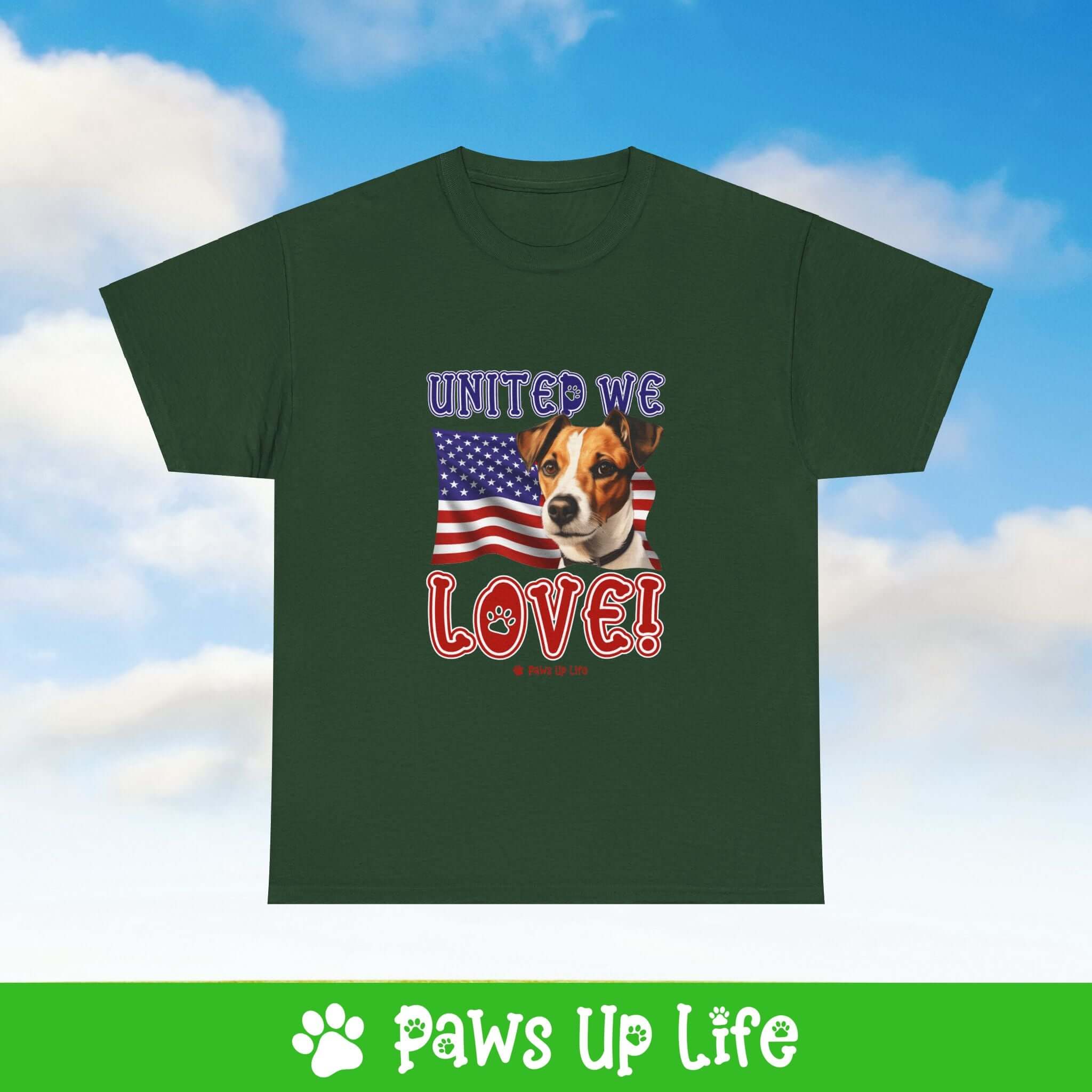 "United We Love" Russell Terrier Lover T-Shirt – Perfect Patriotic Gift for Dog Lovers, Unisex Dog Mom & Dad Tee with a Fun Dog Design