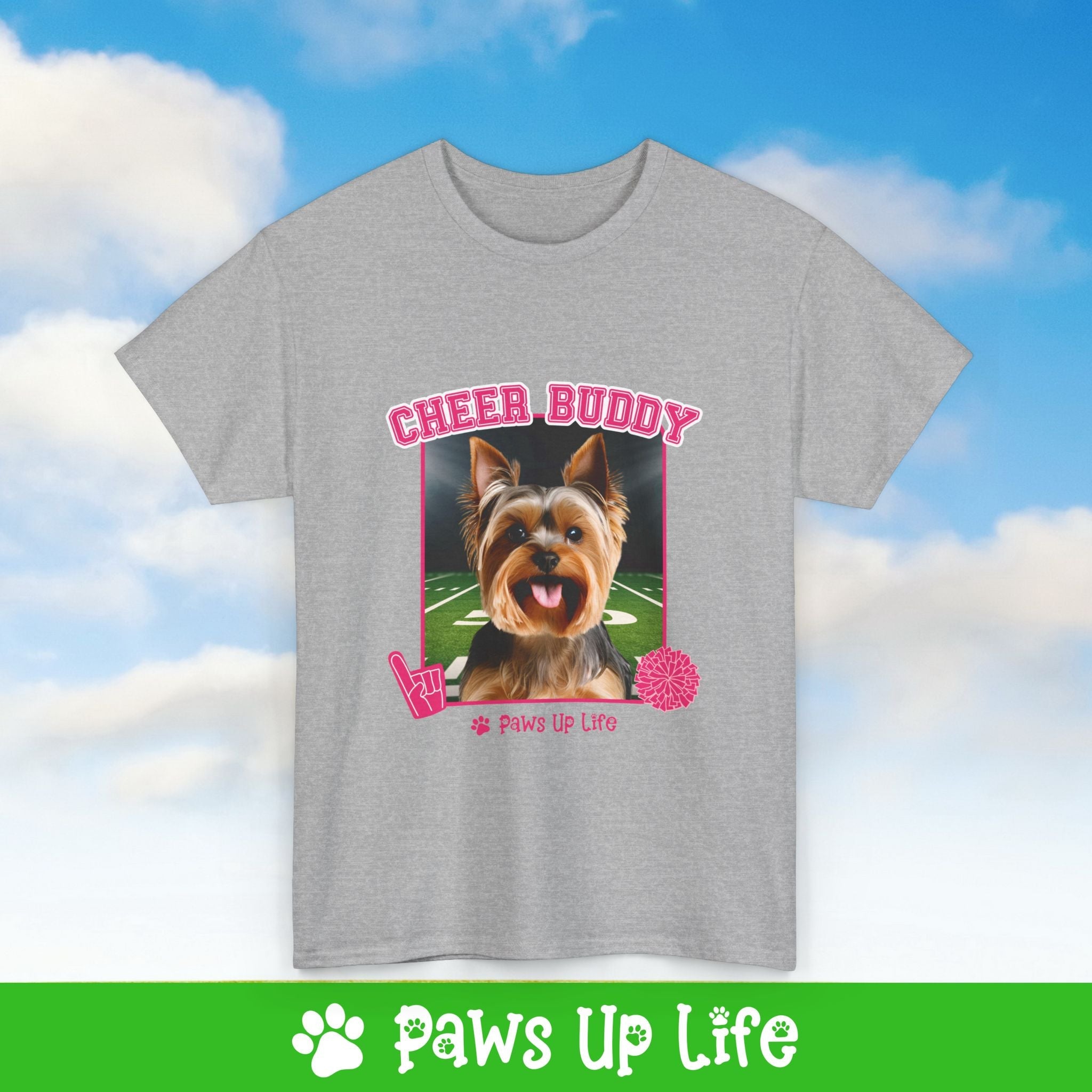 Yorkshire Terrier Football Cheer Buddy Cheerleading Dog Tee, Shirt, Unisex Pet Lover Gift, Dog Mom Dad Tshirt, Animal Rescue Advocate, Cute Puppy Graphic Top Classic Collar | Paws Up Life, LLC