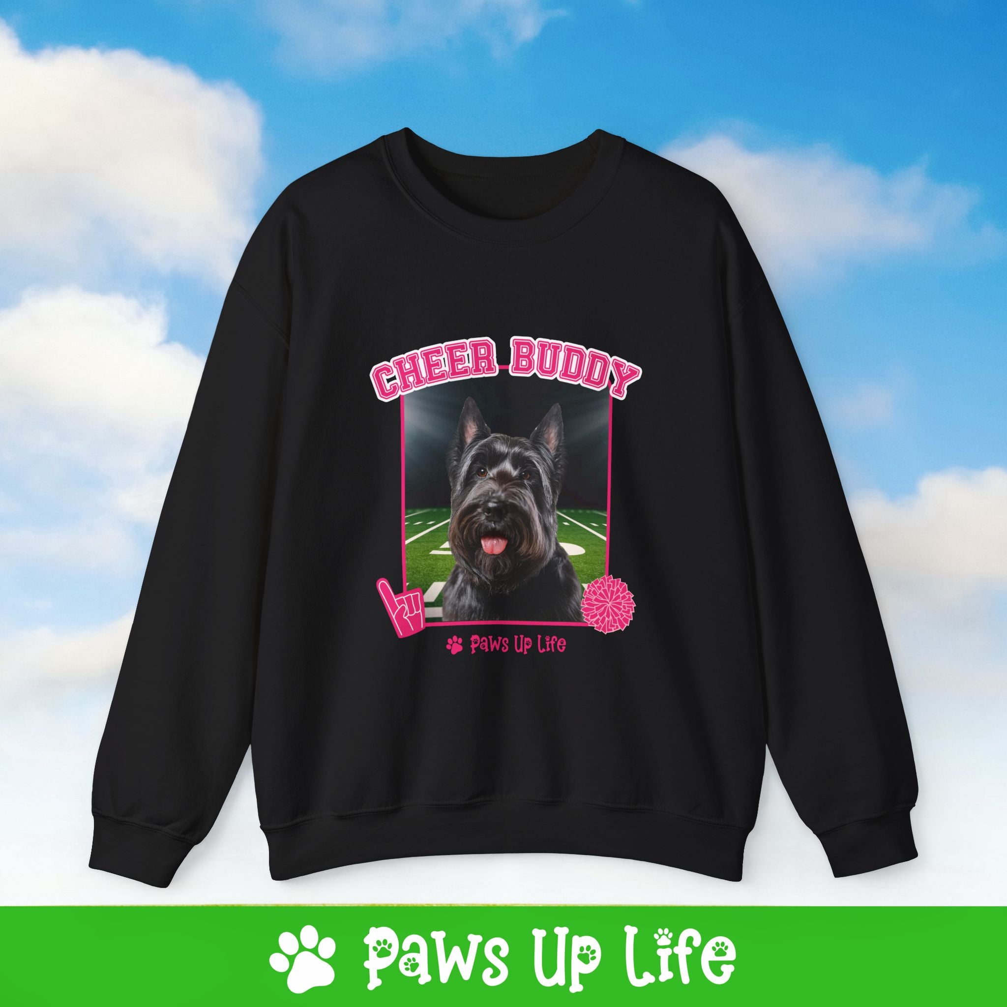 Black Scottish Terrier Football Cheer Buddy Cheerleading Dog Crewneck Sweatshirt, Unisex Gift for Animal Lovers, Dog Mom Dad Sweatshirt, Cute Dog Lover Apparel, Fun Pet | Paws Up Life, LLC