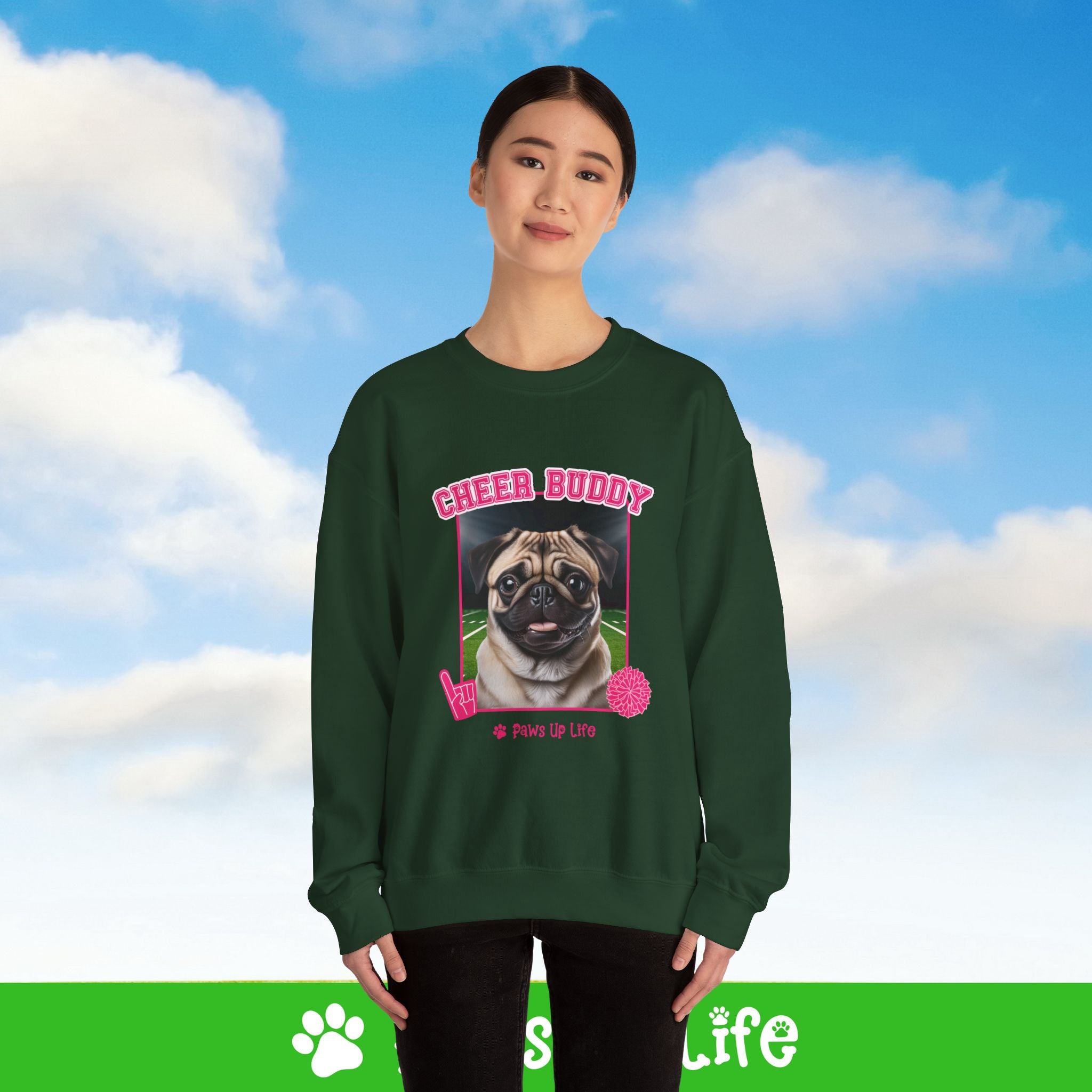 Pug Football Cheer Buddy Cheerleading Dog Crewneck Sweatshirt, Unisex Gift for Animal Lovers, Dog Mom Dad Sweatshirt, Cute Dog Lover Apparel, Fun Pet | Paws Up Life, LLC