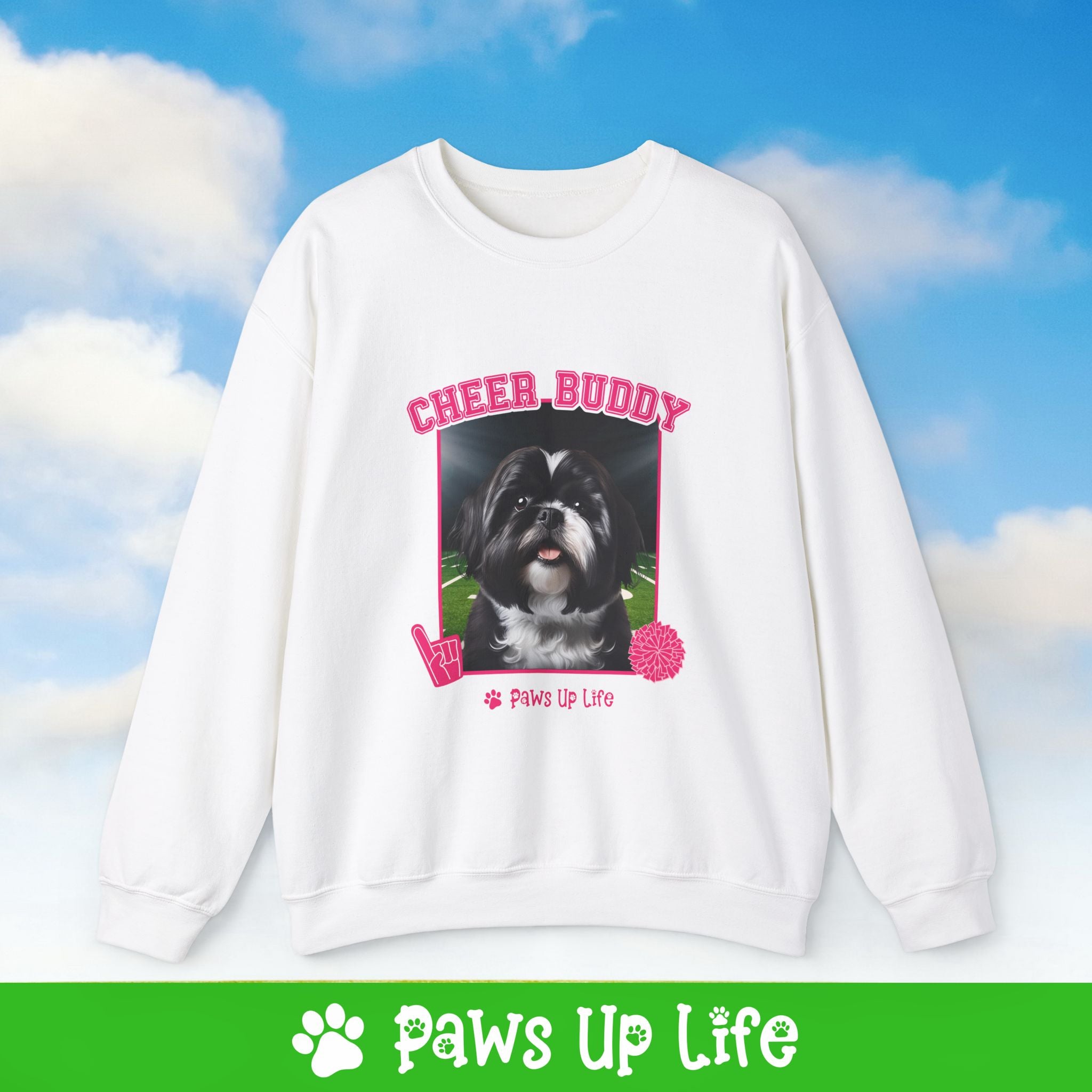 Black Shih Tzu Football Cheer Buddy Cheerleading Dog Crewneck Sweatshirt, Unisex Gift for Animal Lovers, Dog Mom Dad Sweatshirt, Cute Dog Lover Apparel, Fun Pet | Paws Up Life, LLC