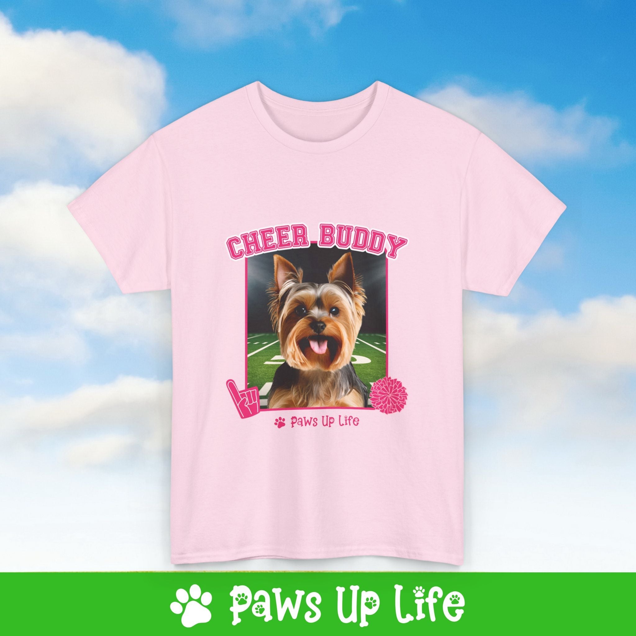 Yorkshire Terrier Football Cheer Buddy Cheerleading Dog Tee, Shirt, Unisex Pet Lover Gift, Dog Mom Dad Tshirt, Animal Rescue Advocate, Cute Puppy Graphic Top Classic Collar | Paws Up Life, LLC