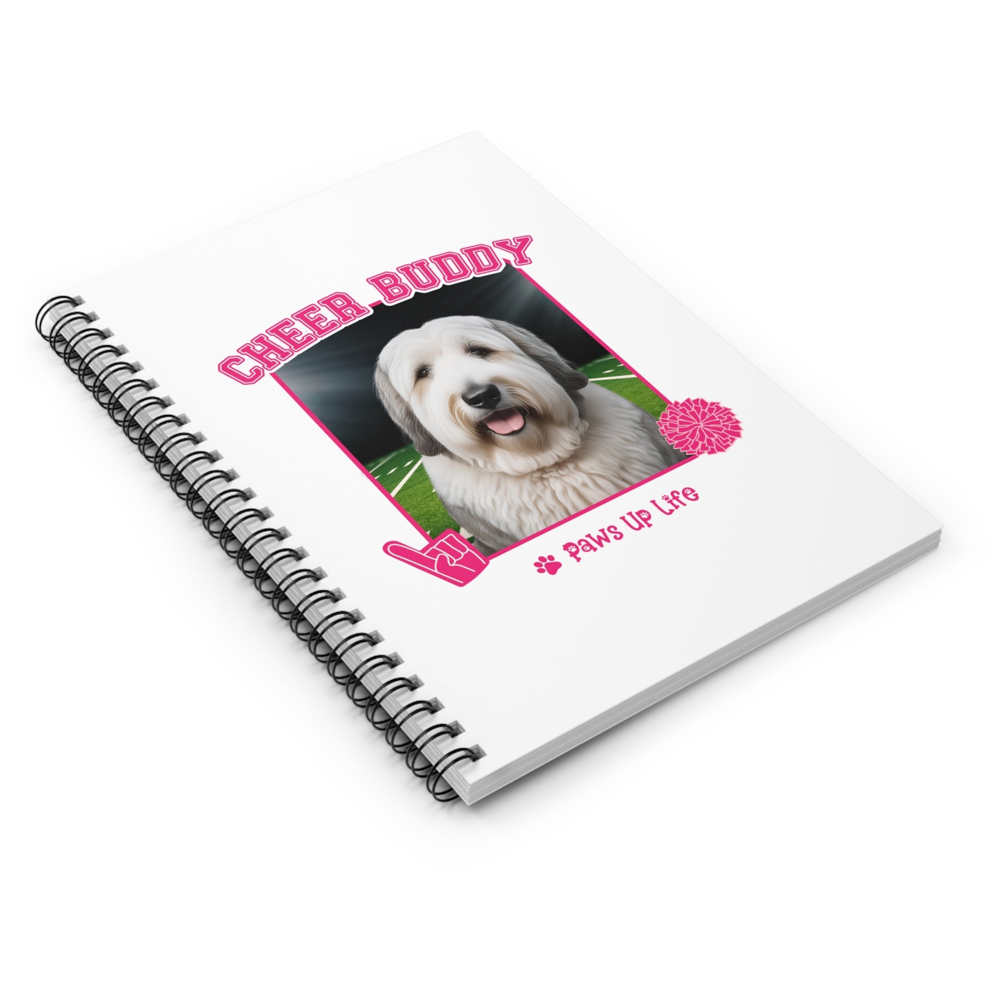 White Old English Sheep Dog Football Cheer Buddy Cheerleading Dog Spiral Notebook for Office and Home - Ruled Line | Paws Up Life, LLC
