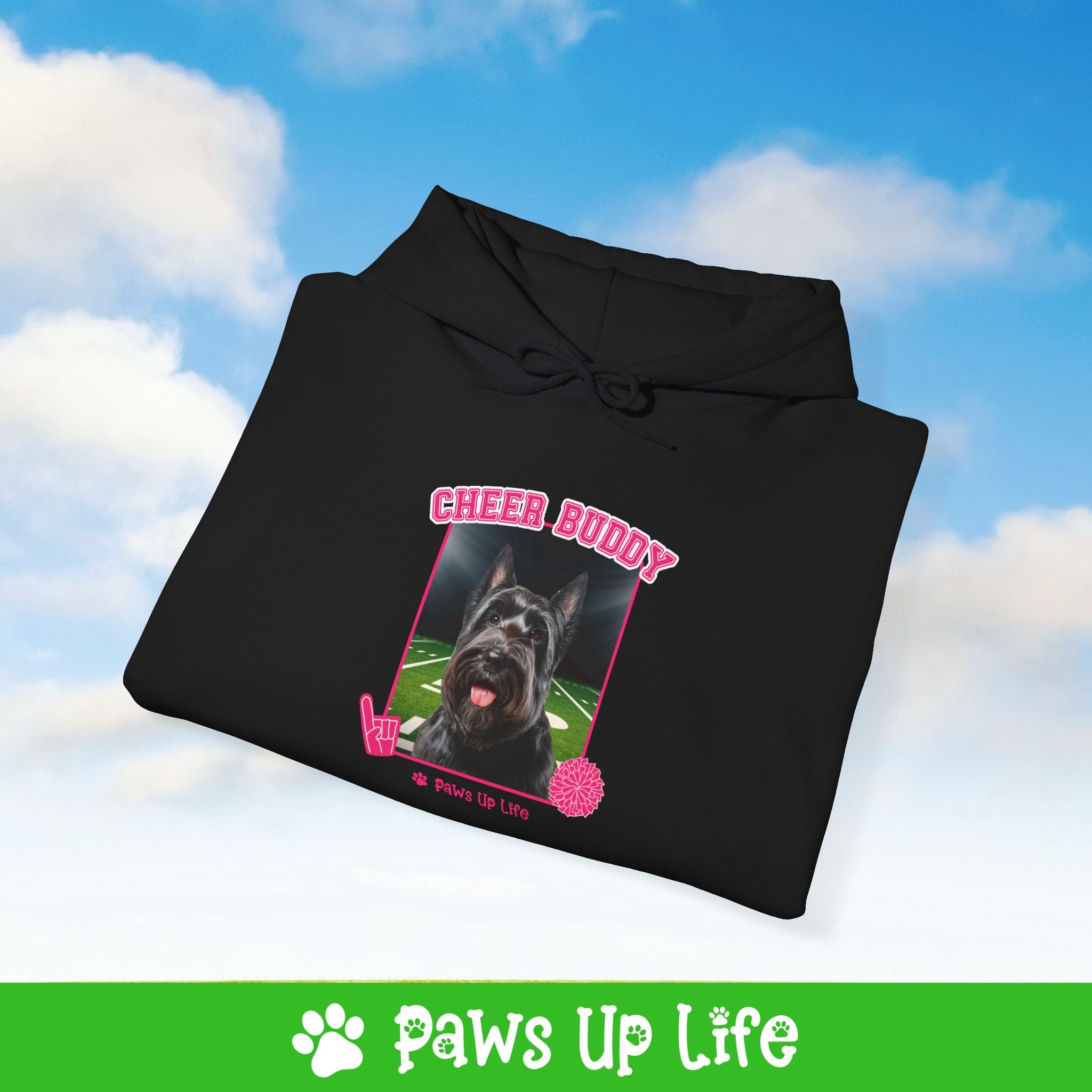 Black Scottish Terrier Football Cheer Buddy Cheerleading Dog Unisex Hoodie Hooded Sweatshirt Classic Comfy Cotton | Paws Up Life, LLC