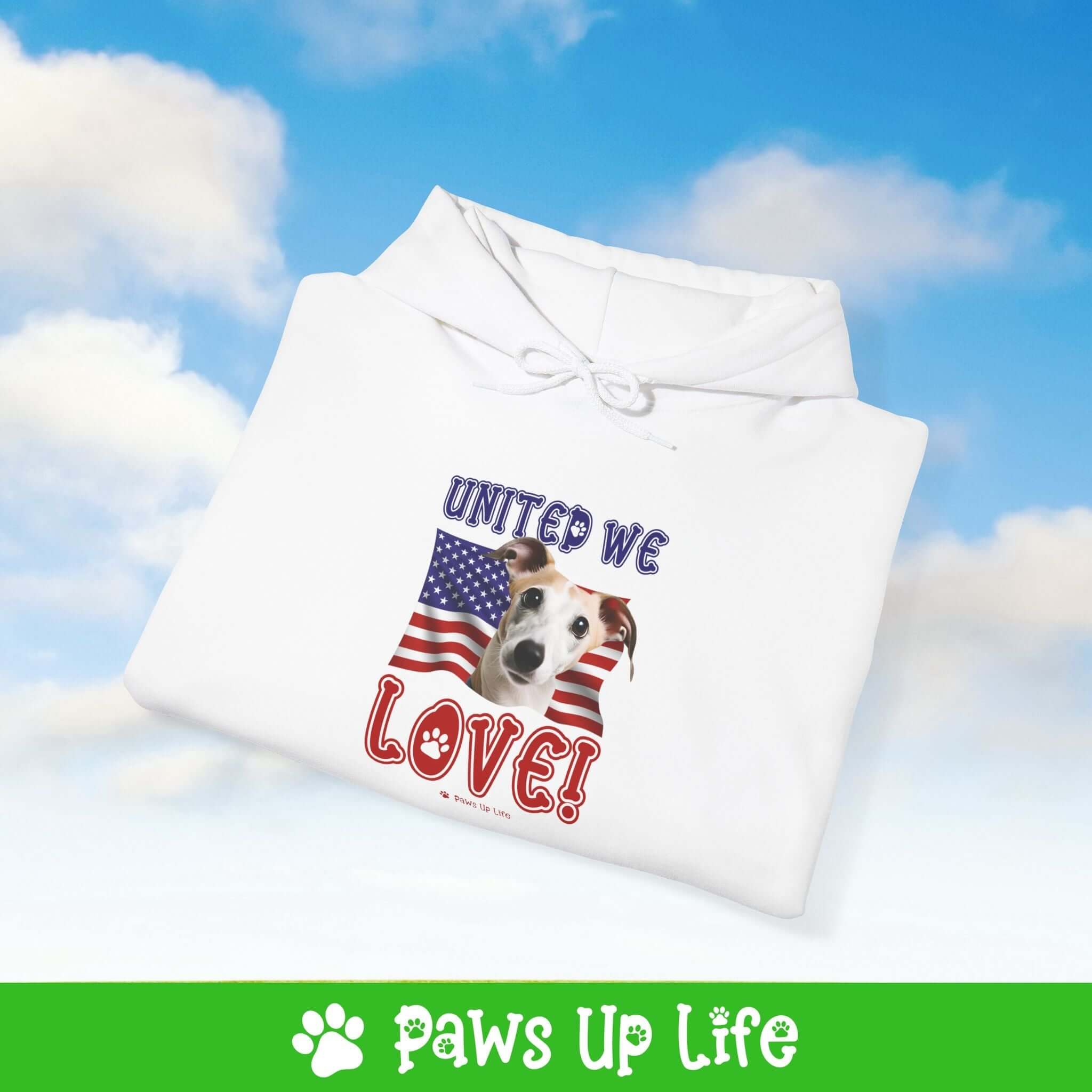 "United We Love" Whippet Unisex Hoodie – Fun Patriotic Dog Lover Cozy Cotton Blend Hooded Sweater, Perfect Gift for Pet Parents! | Paws Up Life, LLC