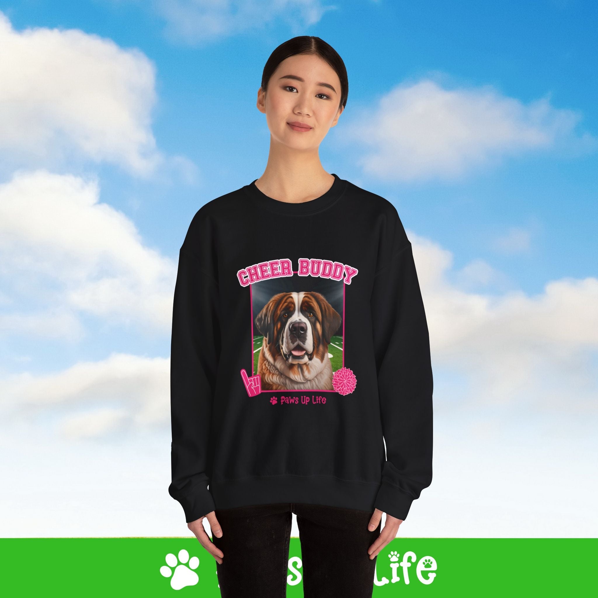 St Bernard Football Cheer Buddy Cheerleading Dog Crewneck Sweatshirt, Unisex Gift for Animal Lovers, Dog Mom Dad Sweatshirt, Cute Dog Lover Apparel, Fun Pet | Paws Up Life, LLC