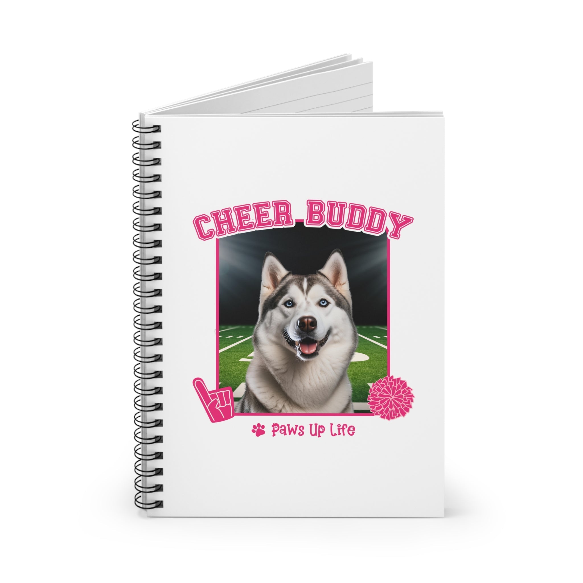 White Siberian Husky Football Cheer Buddy Cheerleading Dog Spiral Notebook for Office and Home - Ruled Line | Paws Up Life, LLC