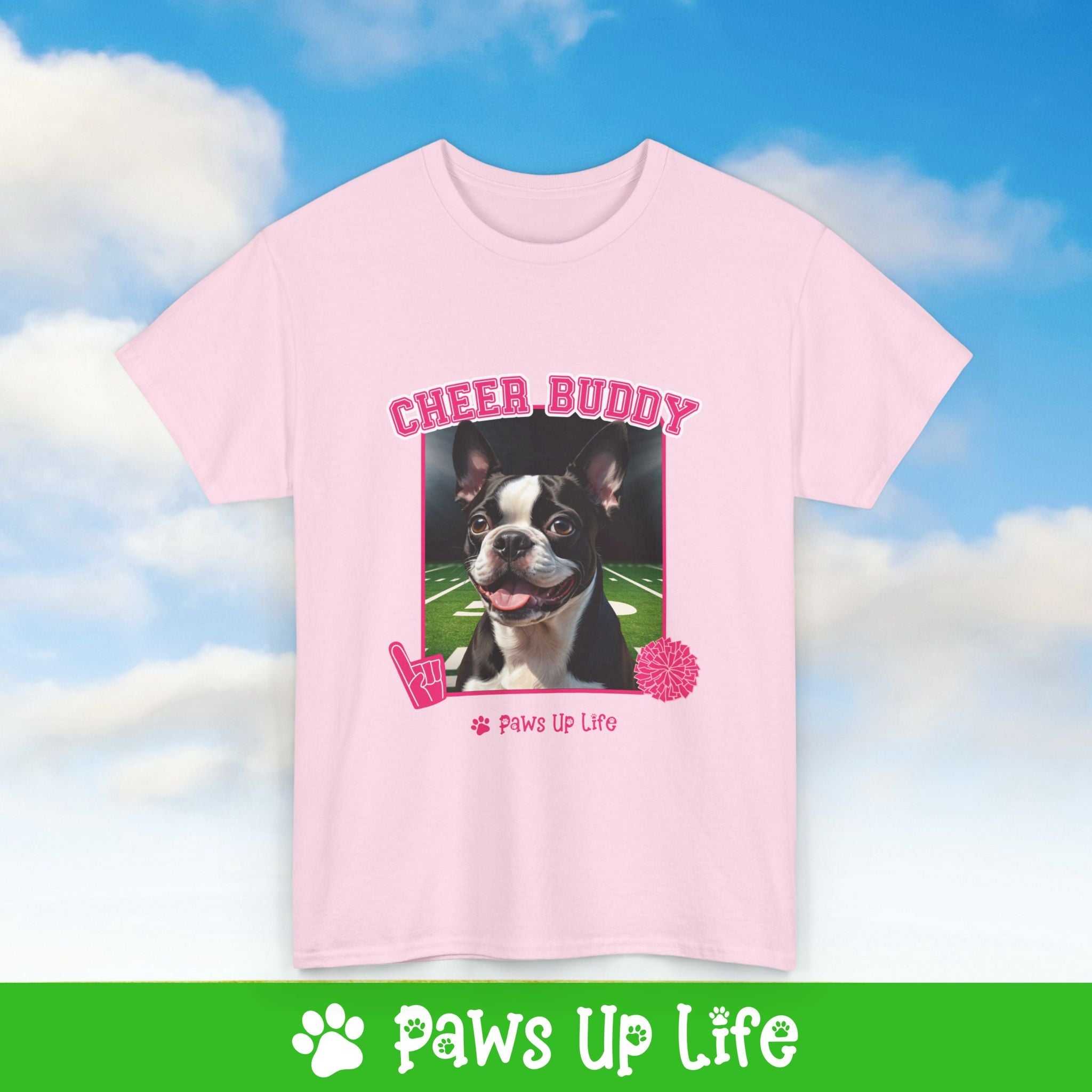 Boston Terrier Football Cheer Buddy Cheerleading Dog Tee, Shirt, Unisex Pet Lover Gift, Dog Mom Dad Tshirt, Animal Rescue Advocate, Cute Puppy Graphic Top Classic Collar | Paws Up Life, LLC