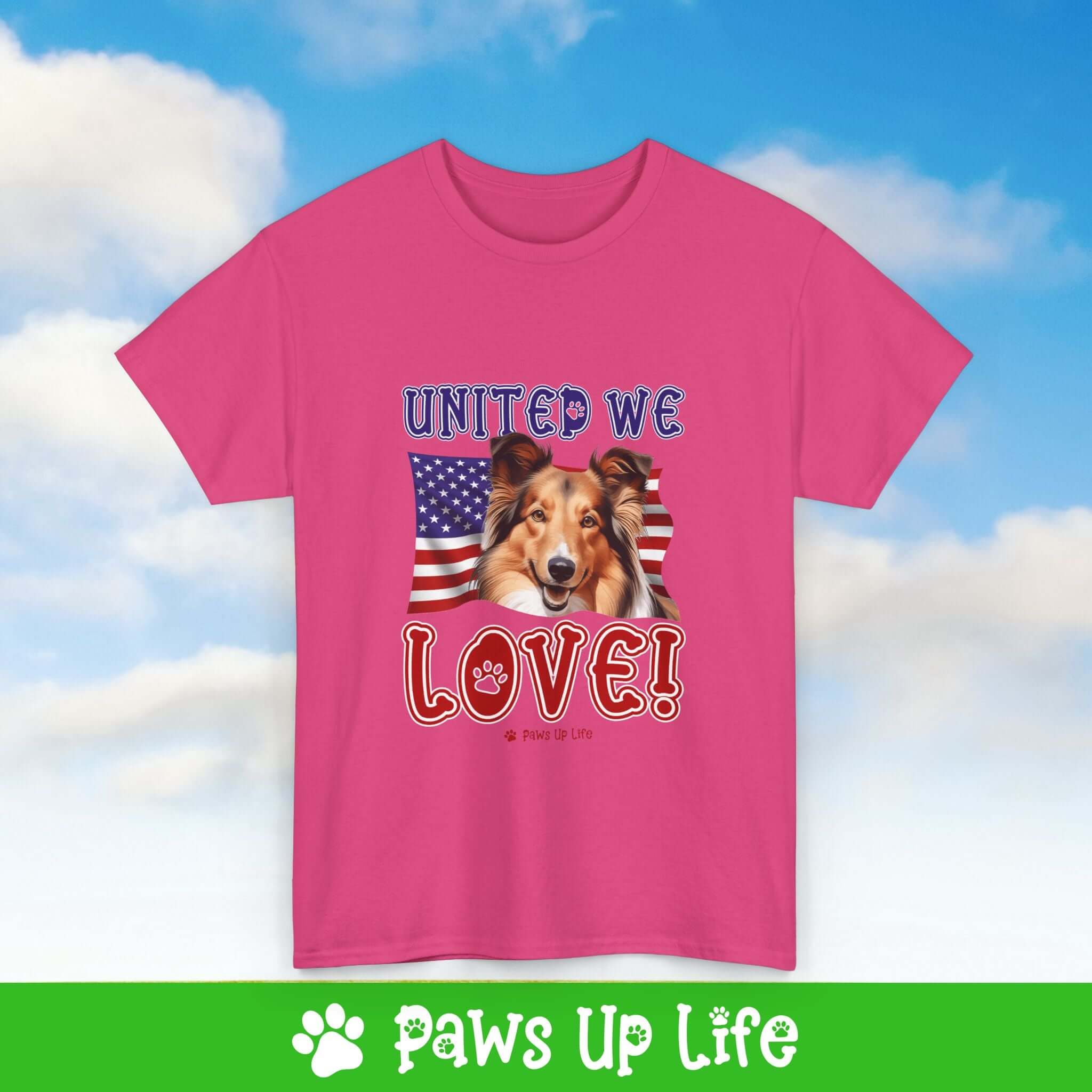 "United We Love" Shetland Sheepdog Lover T-Shirt – Perfect Patriotic Gift for Dog Lovers, Unisex Dog Mom & Dad Tee with a Fun Dog Design