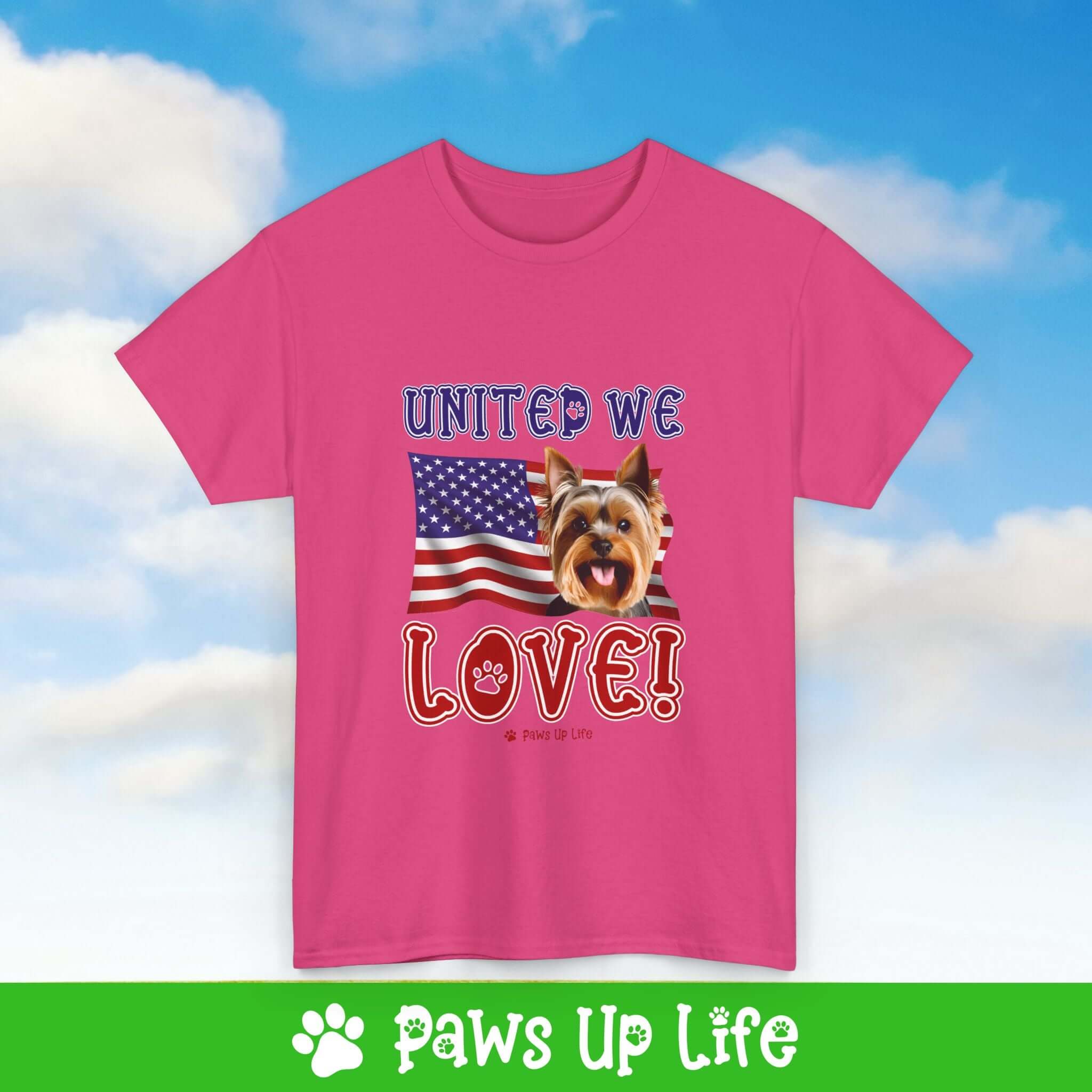 "United We Love" Yorkshire Terrier Lover T-Shirt - Patriotic Dog Design Tee for Dog Lovers, Unisex Dog Mom & Dad Tee with Classic Collar - Cotton Fabric Tshirt