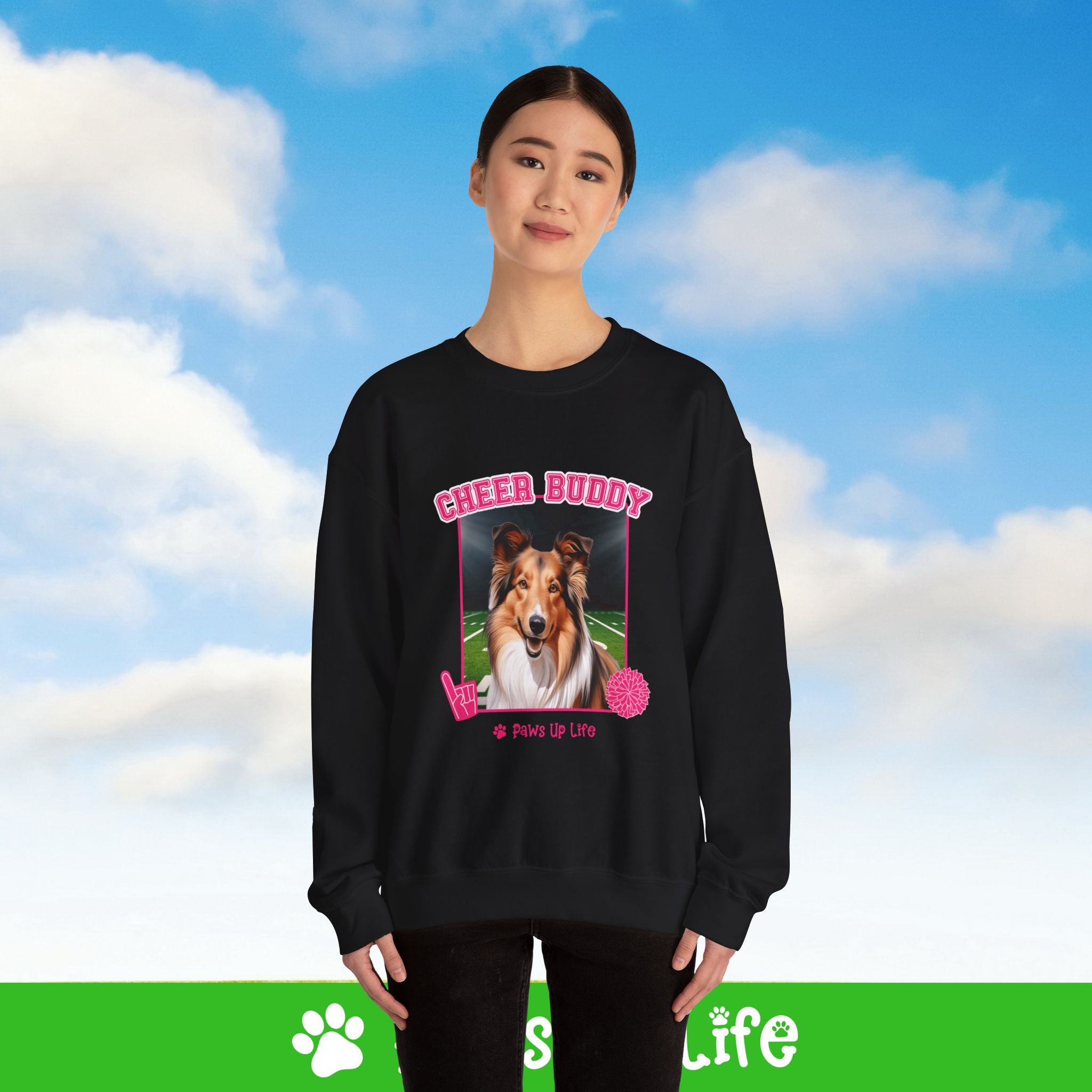 Shetland Sheepdog Football Cheer Buddy Cheerleading Dog Crewneck Sweatshirt, Unisex Gift for Animal Lovers, Dog Mom Dad Sweatshirt, Cute Dog Lover Apparel, Fun Pet | Paws Up Life, LLC