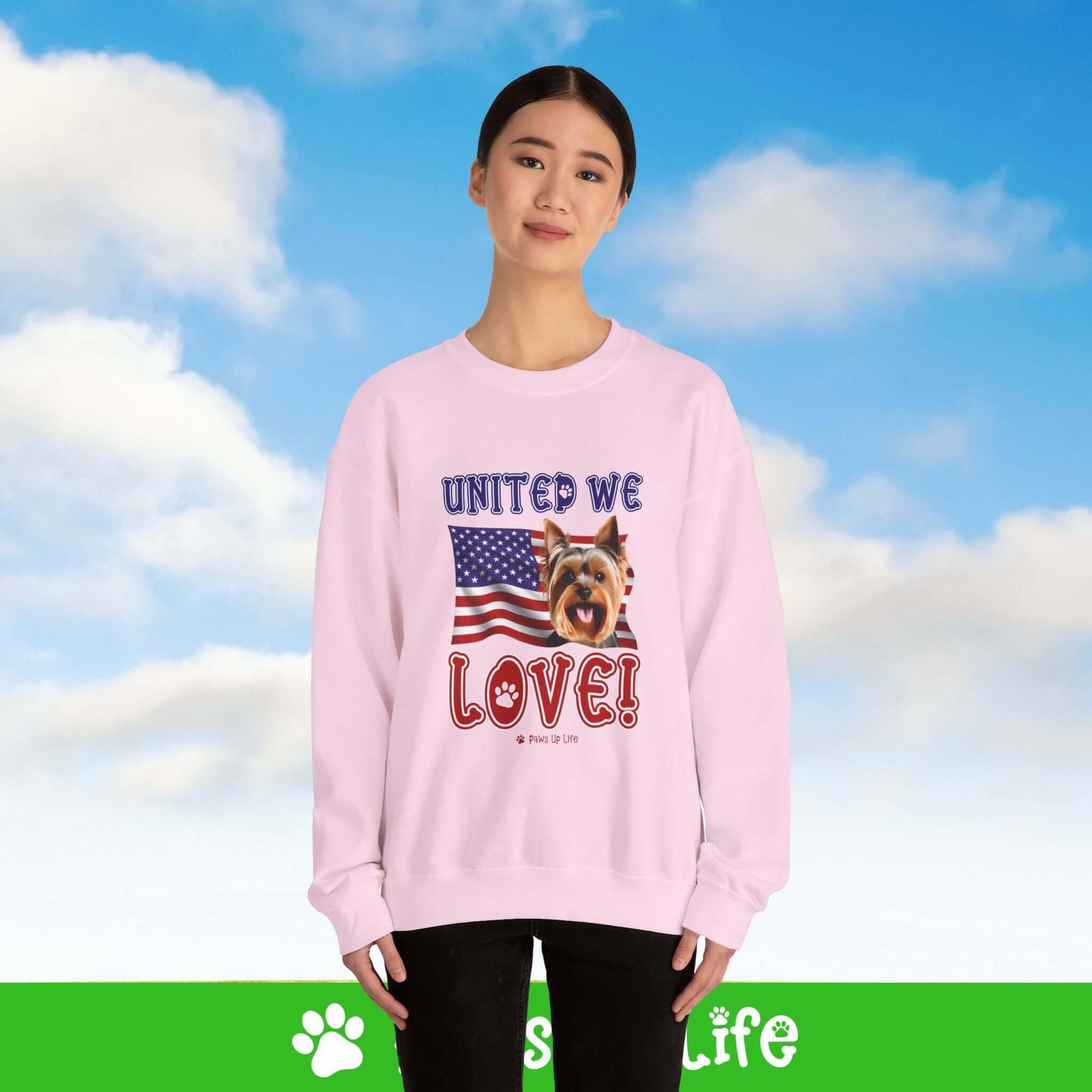 "United We Love" Yorkshire Terrier Patriotic Dog Lover Unisex Cotton Crewneck Sweatshirt – The Perfect Cozy Gift for Proud Pet Parents!