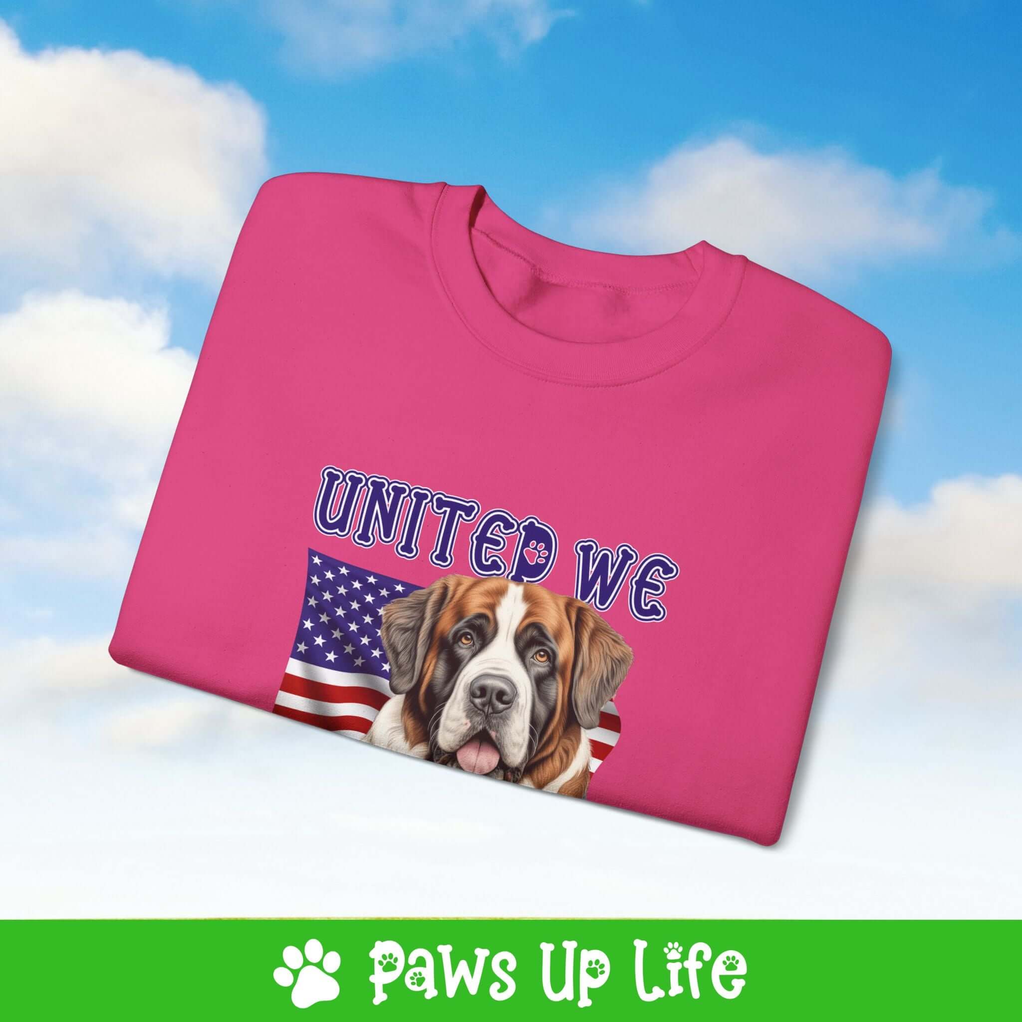 "United We Love" St. Bernard Dog Crewneck Sweatshirt – Patriotic Dog Lover Gift, Unisex Apparel for Proud Dog Moms & Dads