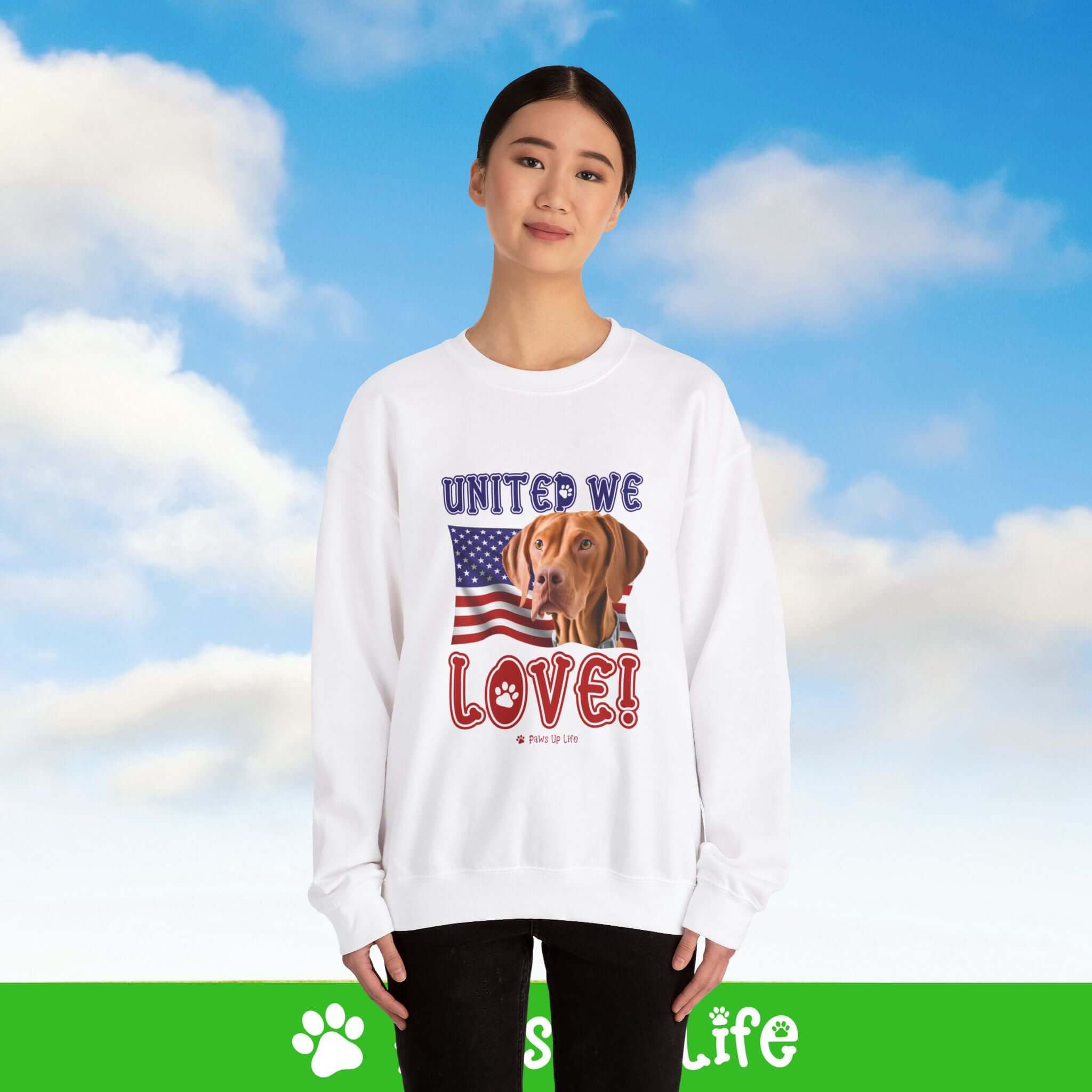 "United We Love" Vizsla Patriotic Dog Lover Unisex Cotton Crewneck Sweatshirt – The Perfect Cozy Gift for Proud Pet Parents!