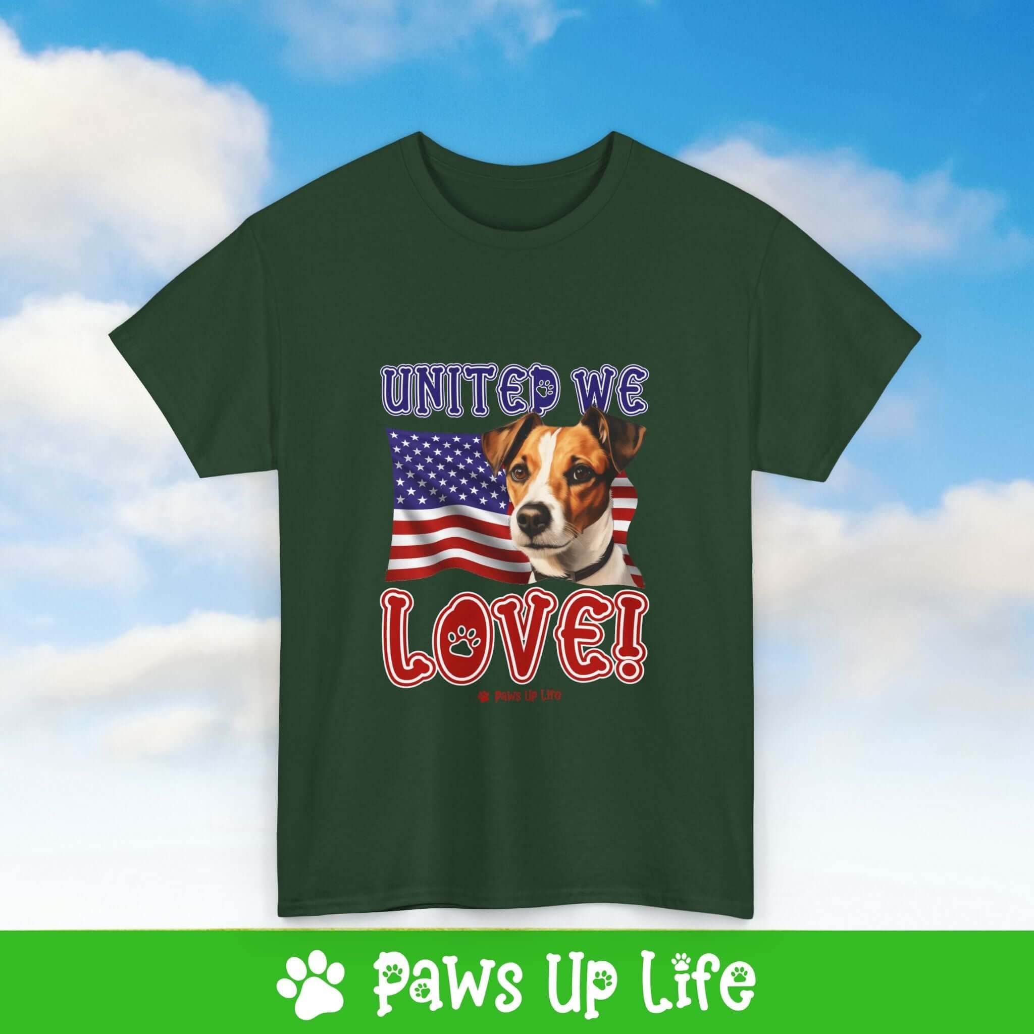 "United We Love" Russell Terrier Lover T-Shirt – Perfect Patriotic Gift for Dog Lovers, Unisex Dog Mom & Dad Tee with a Fun Dog Design