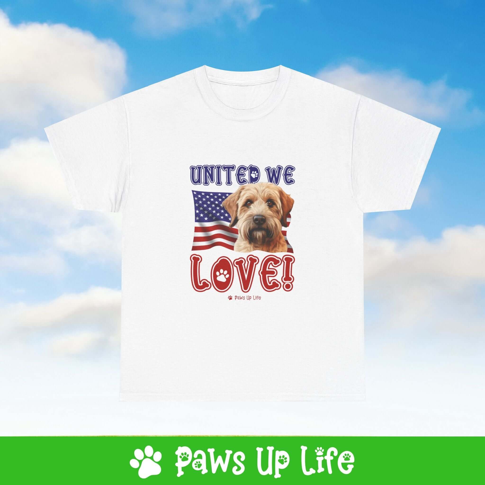 "United We Love" Soft Coated Wheaten Terrier Lover T-Shirt – Perfect Patriotic Gift for Dog Lovers, Unisex Dog Mom & Dad Tee with a Fun Dog Design