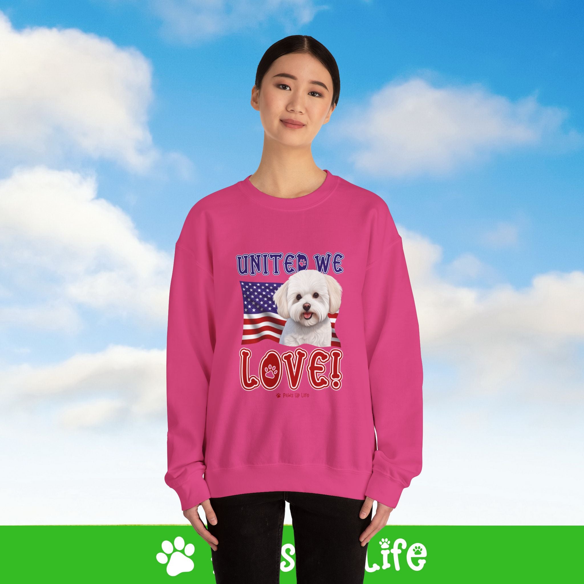 Bichon Frise Dog United We Love Dog Crewneck Sweatshirt, Unisex Gift for Animal Lovers, Dog Mom Dad Sweatshirt, Cute Dog Lover Apparel, Fun Pet | Paws Up Life, LLC