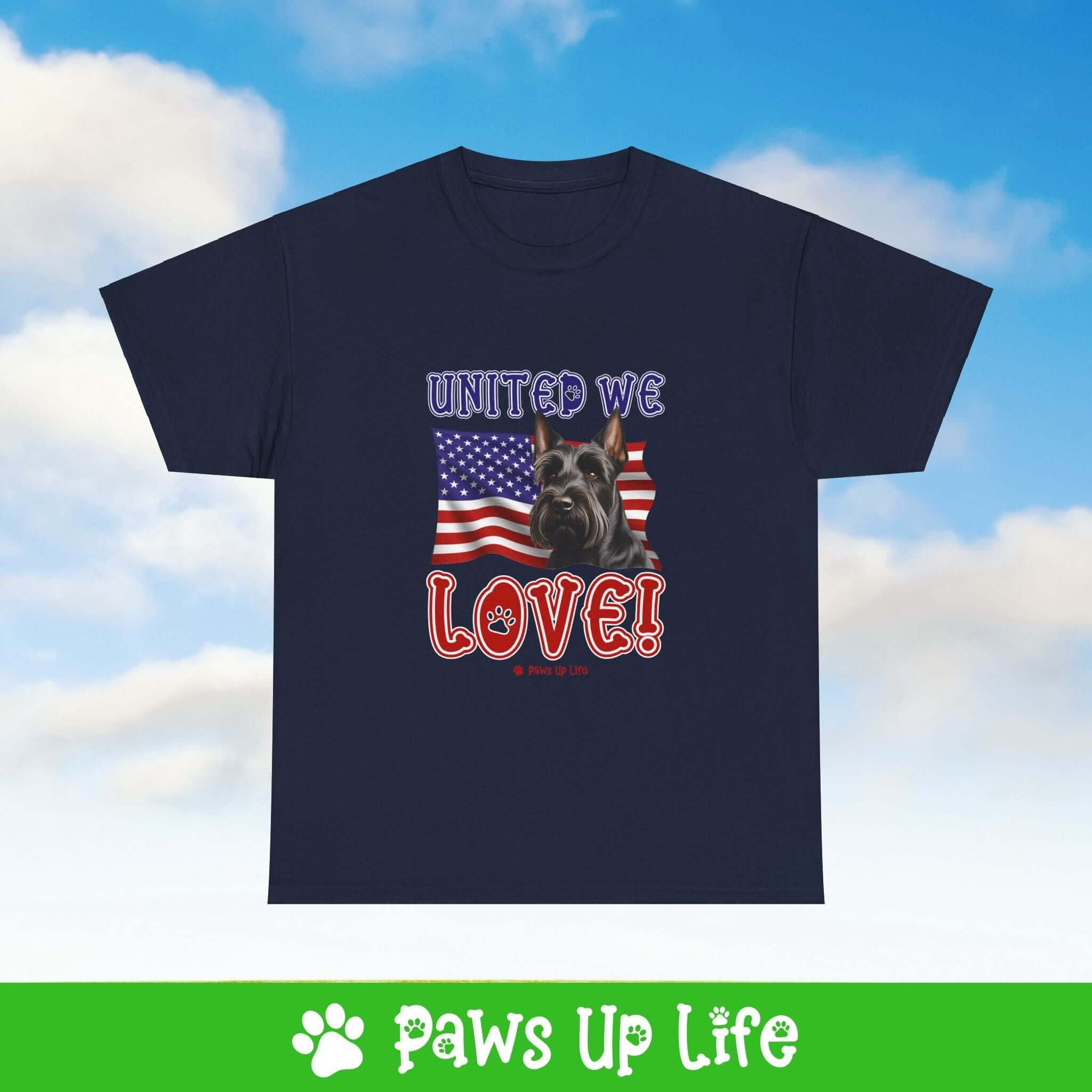 "United We Love" Scottish Terrier Lover T-Shirt – Perfect Patriotic Gift for Dog Lovers, Unisex Dog Mom & Dad Tee with a Fun Dog Design | Paws Up Life, LLC