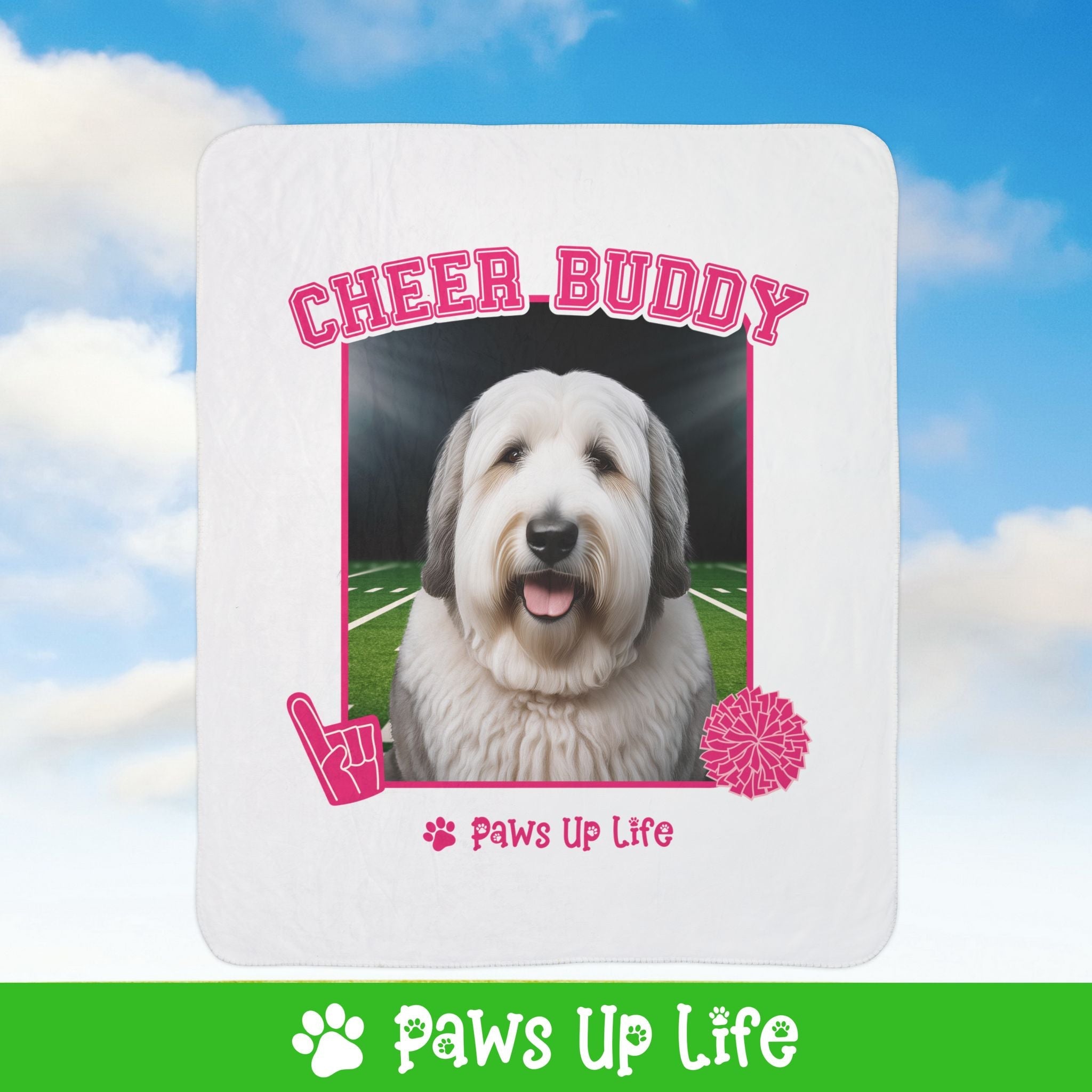 White Old English Sheep Dog Football Cheer Buddy Cheerleading Dog Fleece Sherpa Blanket - Perfect for Snuggling and Cozy Napping | Paws Up Life, LLC