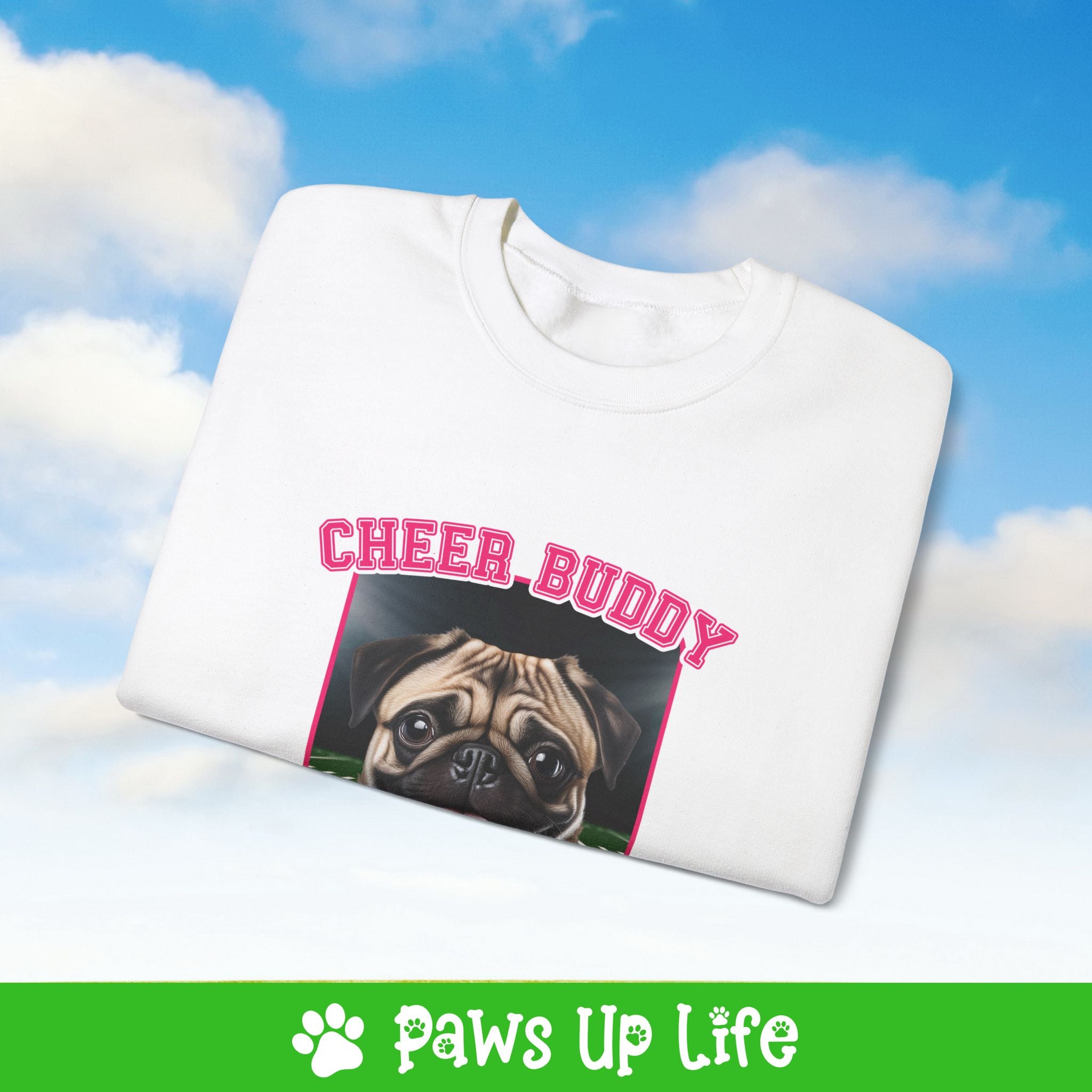 Pug Football Cheer Buddy Cheerleading Dog Crewneck Sweatshirt, Unisex Gift for Animal Lovers, Dog Mom Dad Sweatshirt, Cute Dog Lover Apparel, Fun Pet | Paws Up Life, LLC