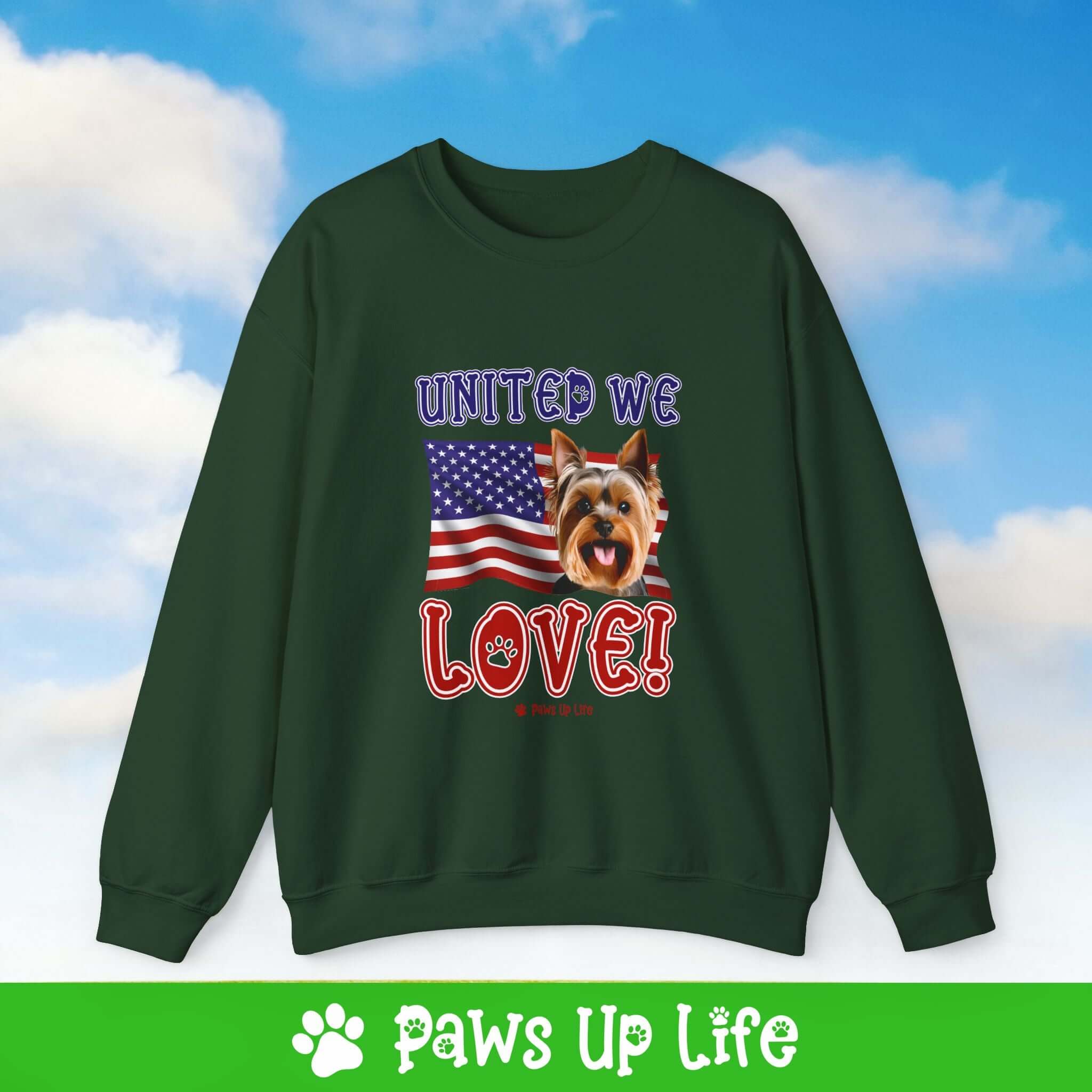 "United We Love" Yorkshire Terrier Patriotic Dog Lover Unisex Cotton Crewneck Sweatshirt – The Perfect Cozy Gift for Proud Pet Parents!