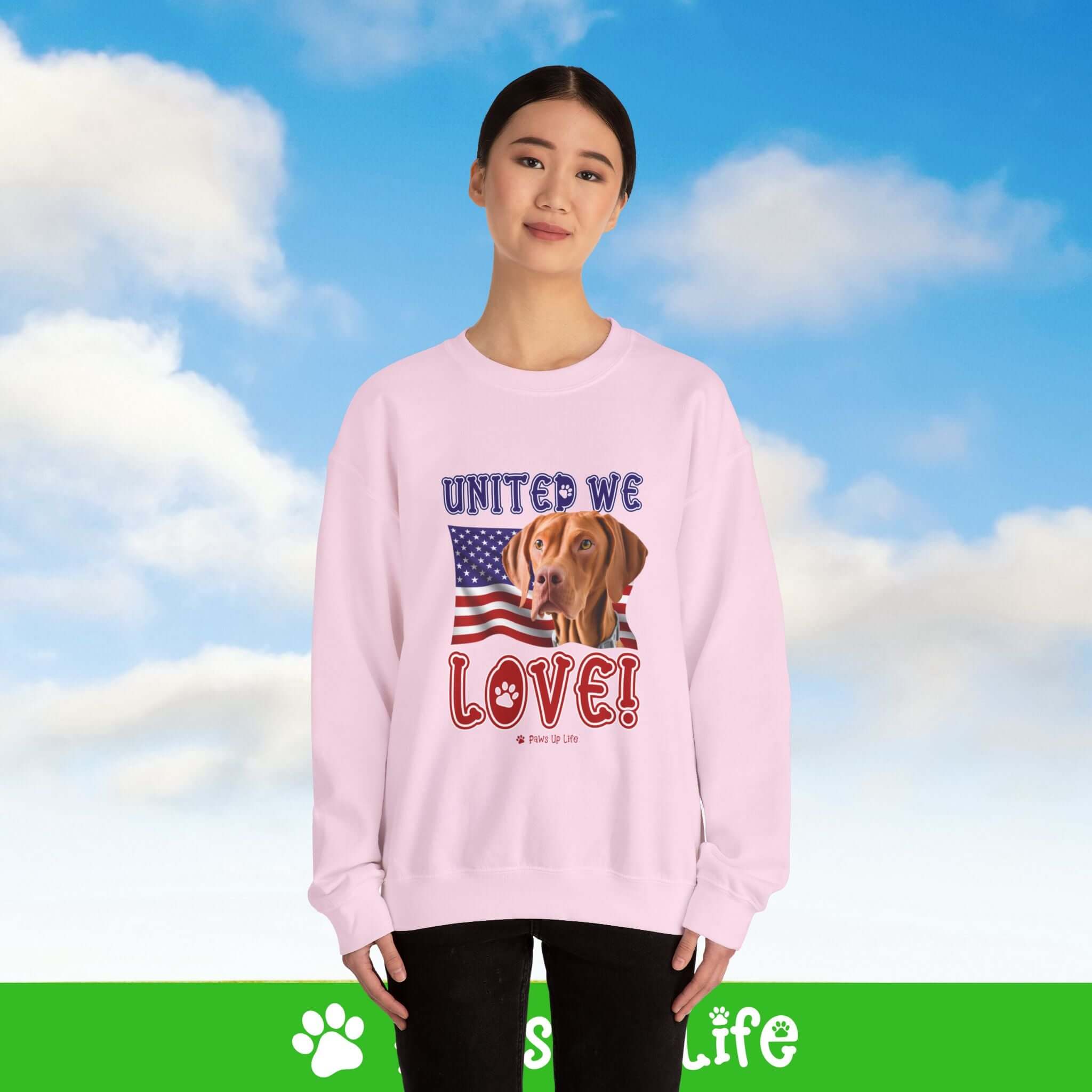 "United We Love" Vizsla Patriotic Dog Lover Unisex Cotton Crewneck Sweatshirt – The Perfect Cozy Gift for Proud Pet Parents!