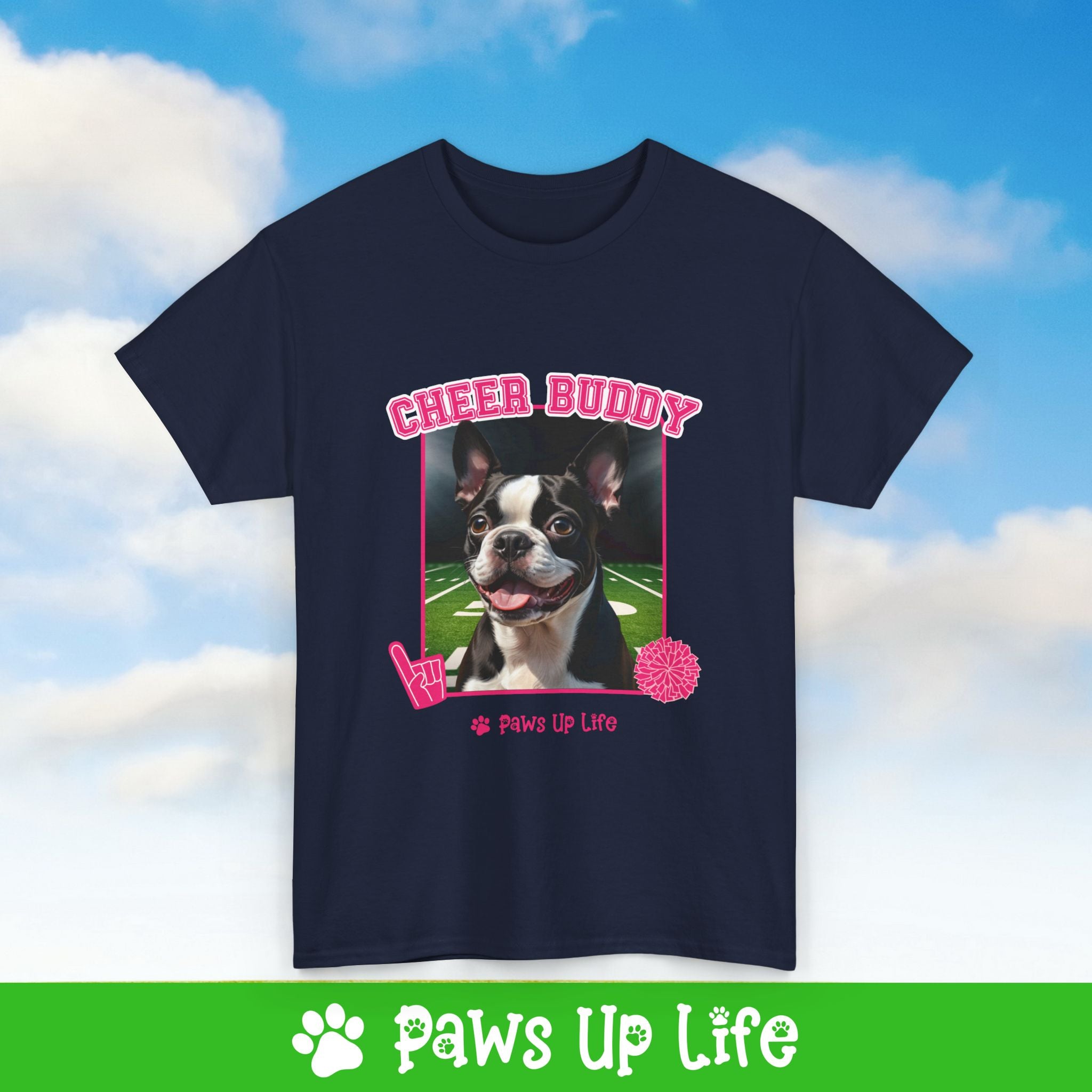 Boston Terrier Football Cheer Buddy Cheerleading Dog Tee, Shirt, Unisex Pet Lover Gift, Dog Mom Dad Tshirt, Animal Rescue Advocate, Cute Puppy Graphic Top Classic Collar | Paws Up Life, LLC