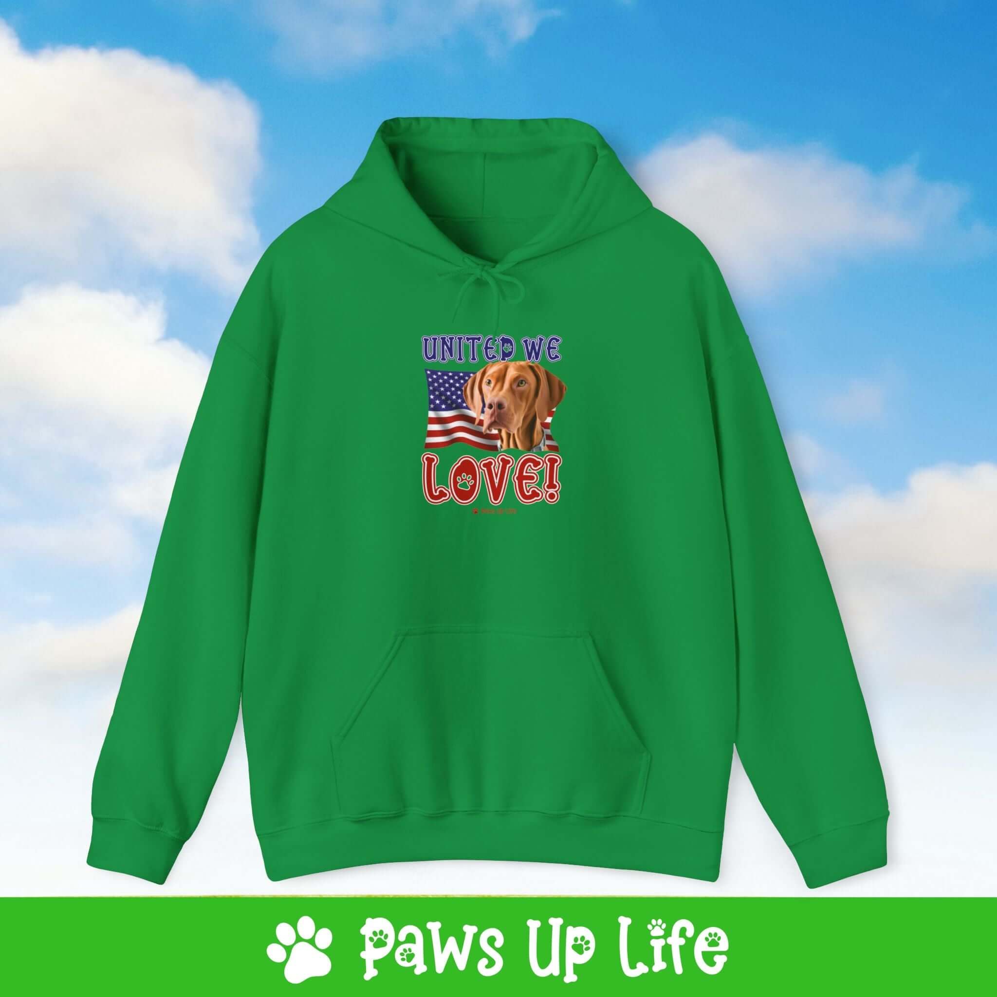 "United We Love" Vizsla Unisex Hoodie – Fun Patriotic Dog Lover Cozy Cotton Blend Hooded Sweater, Perfect Gift for Pet Parents!