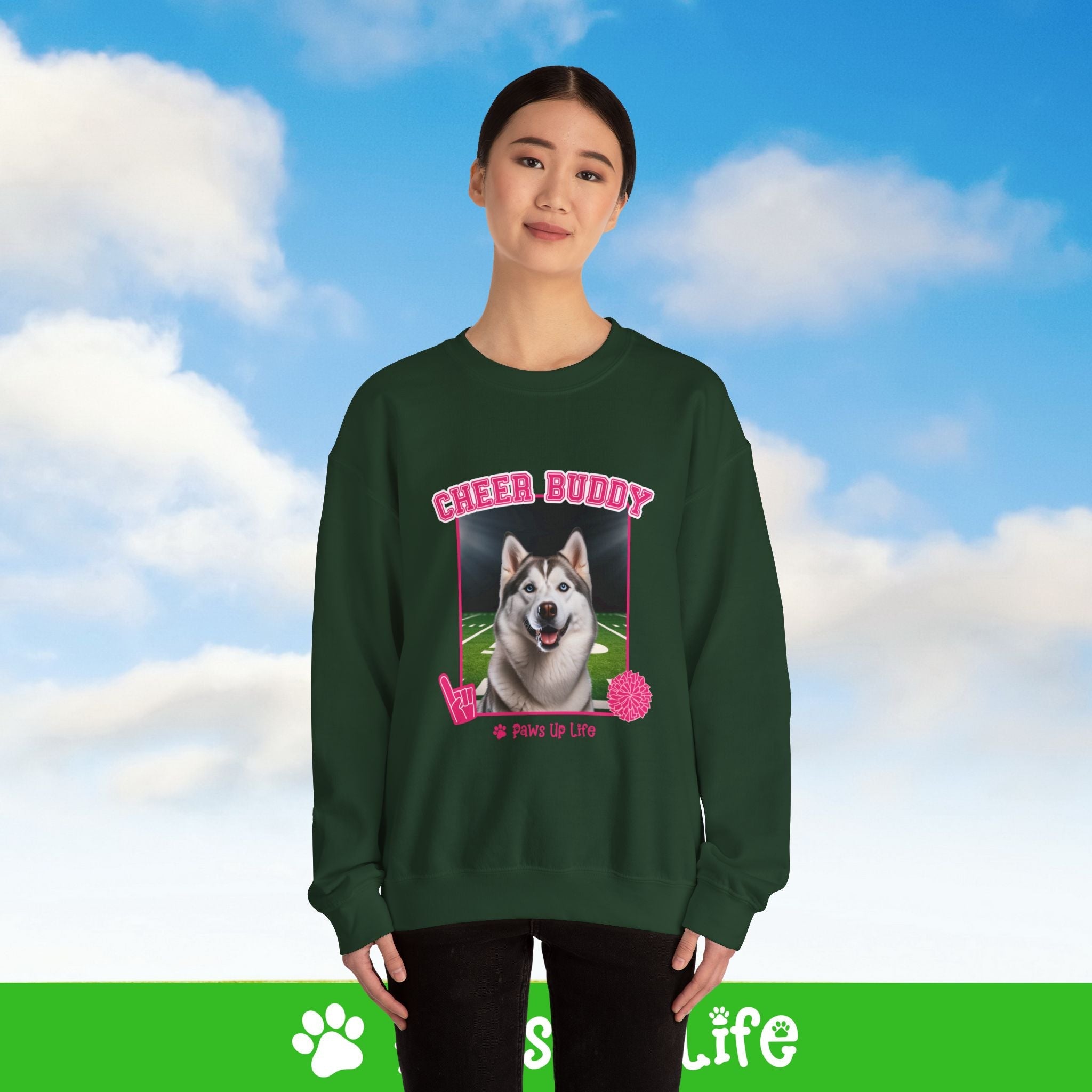 White Siberian Husky Football Cheer Buddy Cheerleading Dog Crewneck Sweatshirt, Unisex Gift for Animal Lovers, Dog Mom Dad Sweatshirt, Cute Dog Lover Apparel, Fun Pet | Paws Up Life, LLC