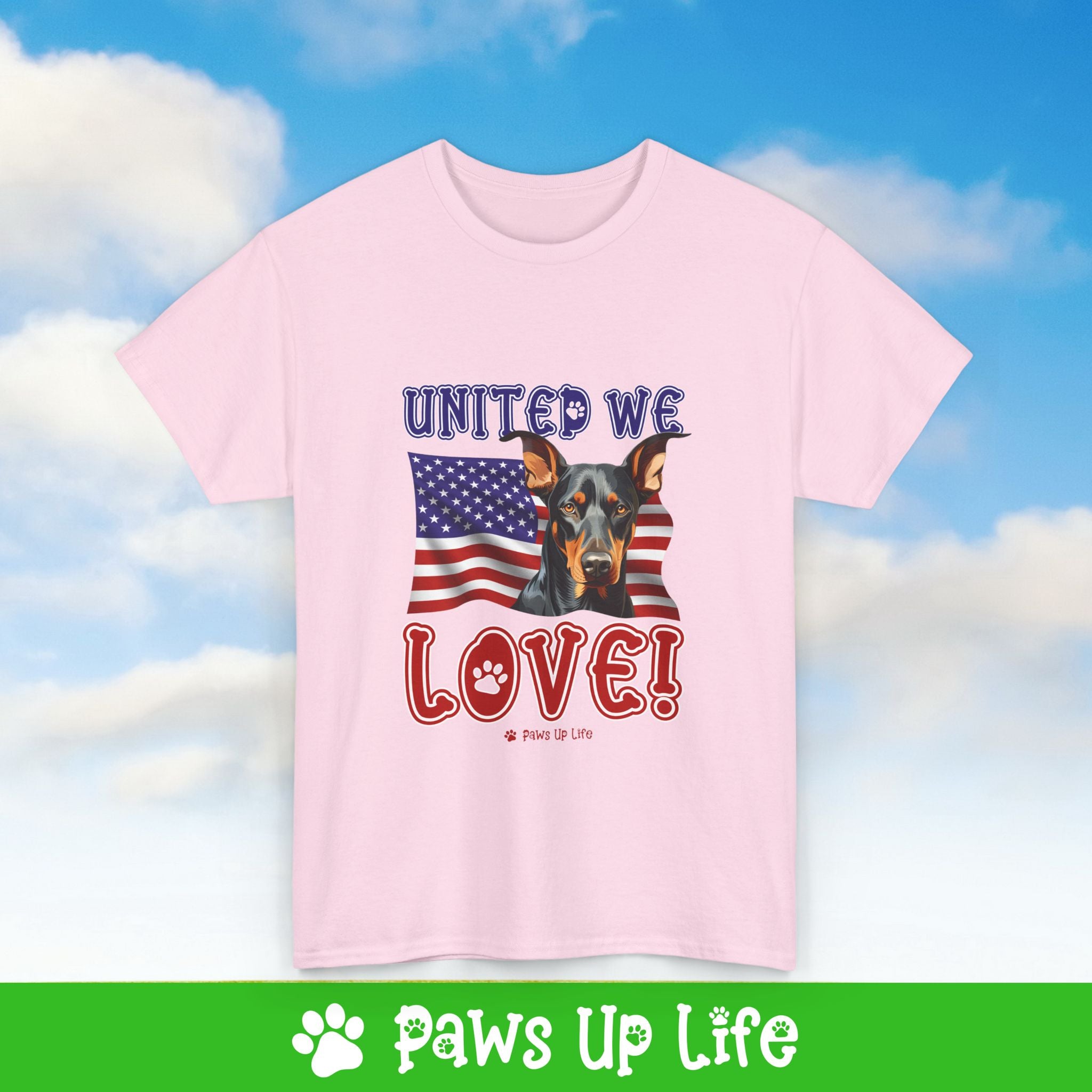 Doberman Pinscher Dog United We Love Dog Tee, Shirt, Unisex Pet Lover Gift, Dog Mom Dad Tshirt, Animal Rescue Advocate, Cute Puppy Graphic Top Classic Collar | Paws Up Life, LLC