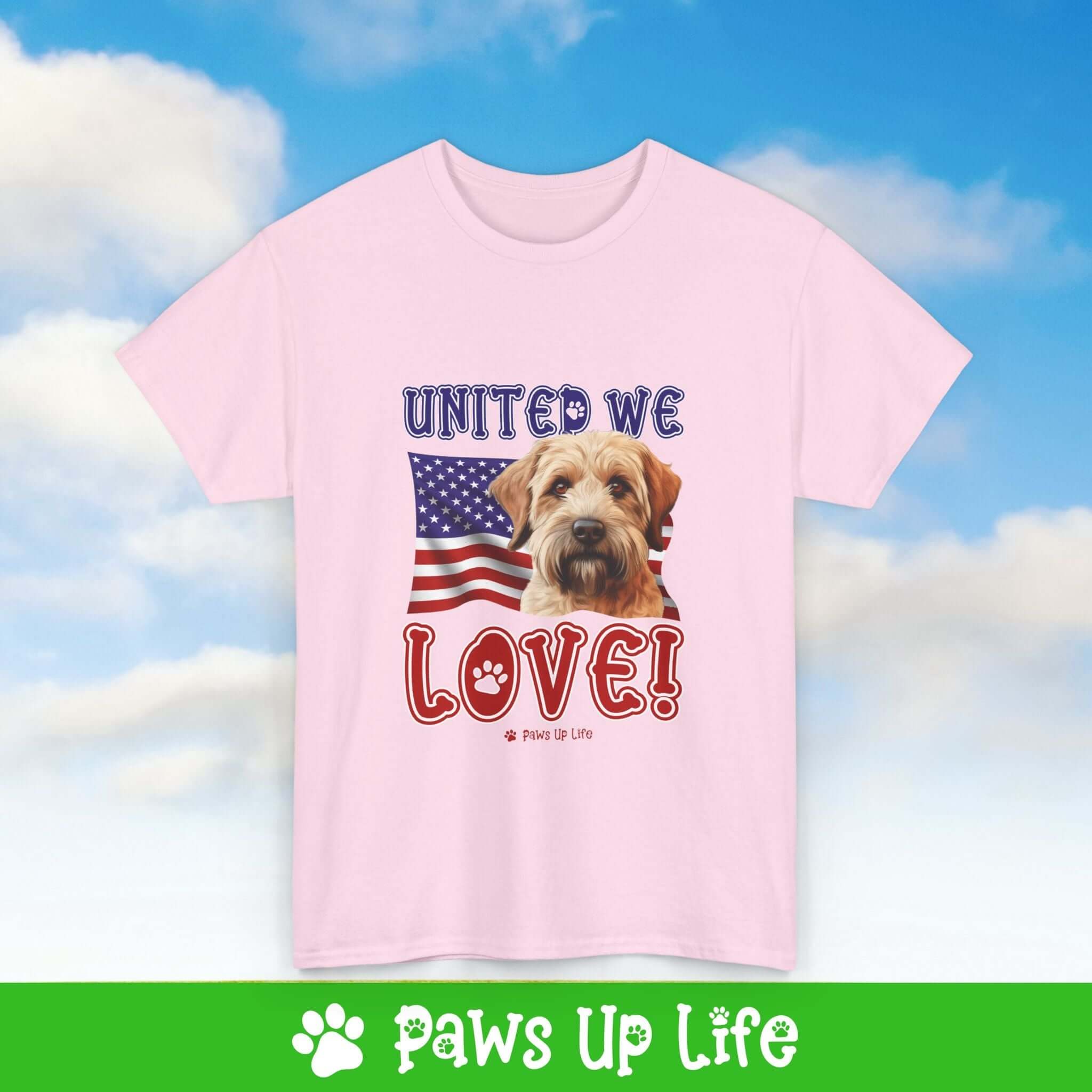 "United We Love" Soft Coated Wheaten Terrier Lover T-Shirt – Perfect Patriotic Gift for Dog Lovers, Unisex Dog Mom & Dad Tee with a Fun Dog Design | Paws Up Life, LLC