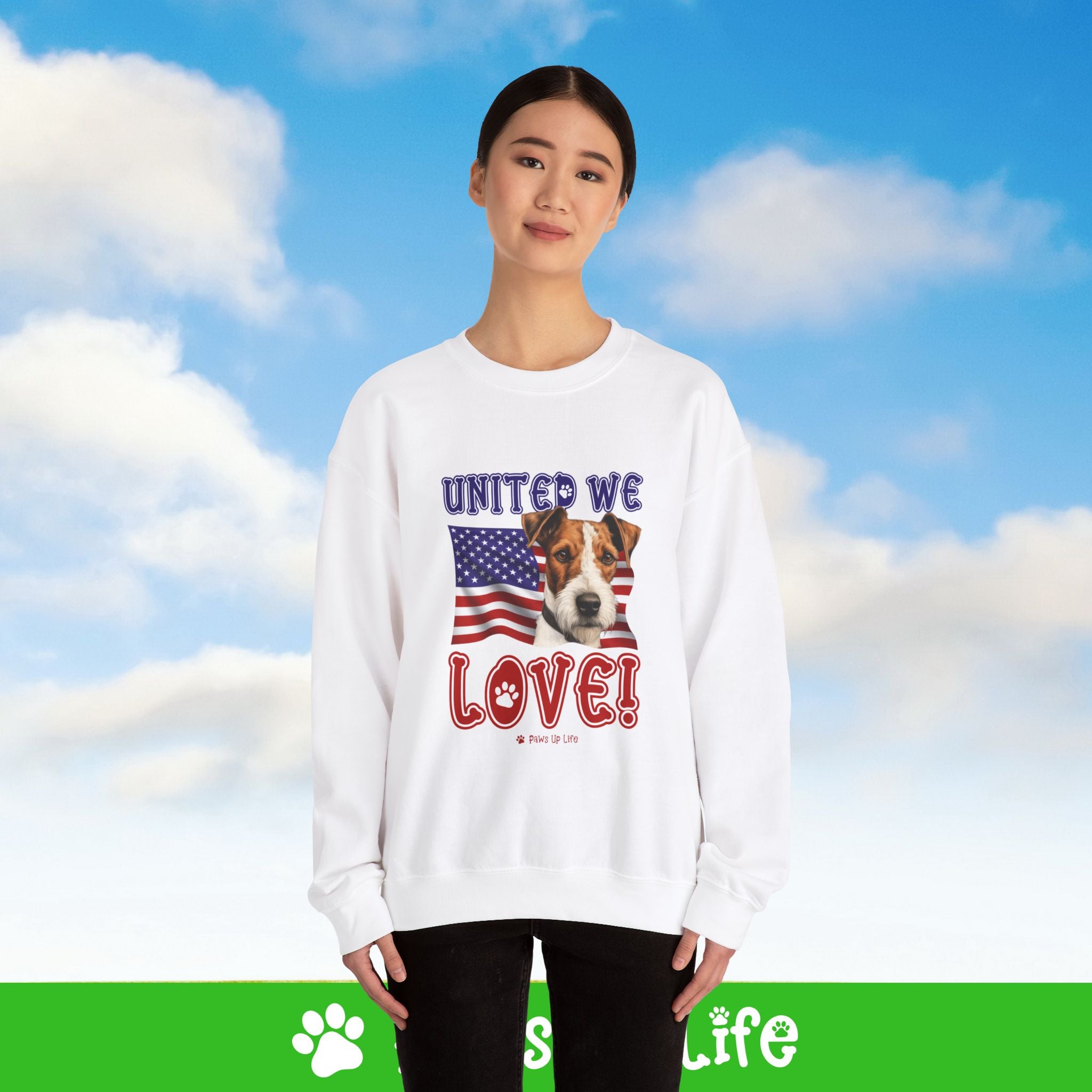 Fox Terrier Dog United We Love Dog Crewneck Sweatshirt, Unisex Gift for Animal Lovers, Dog Mom Dad Sweatshirt, Cute Dog Lover Apparel, Fun Pet | Paws Up Life, LLC