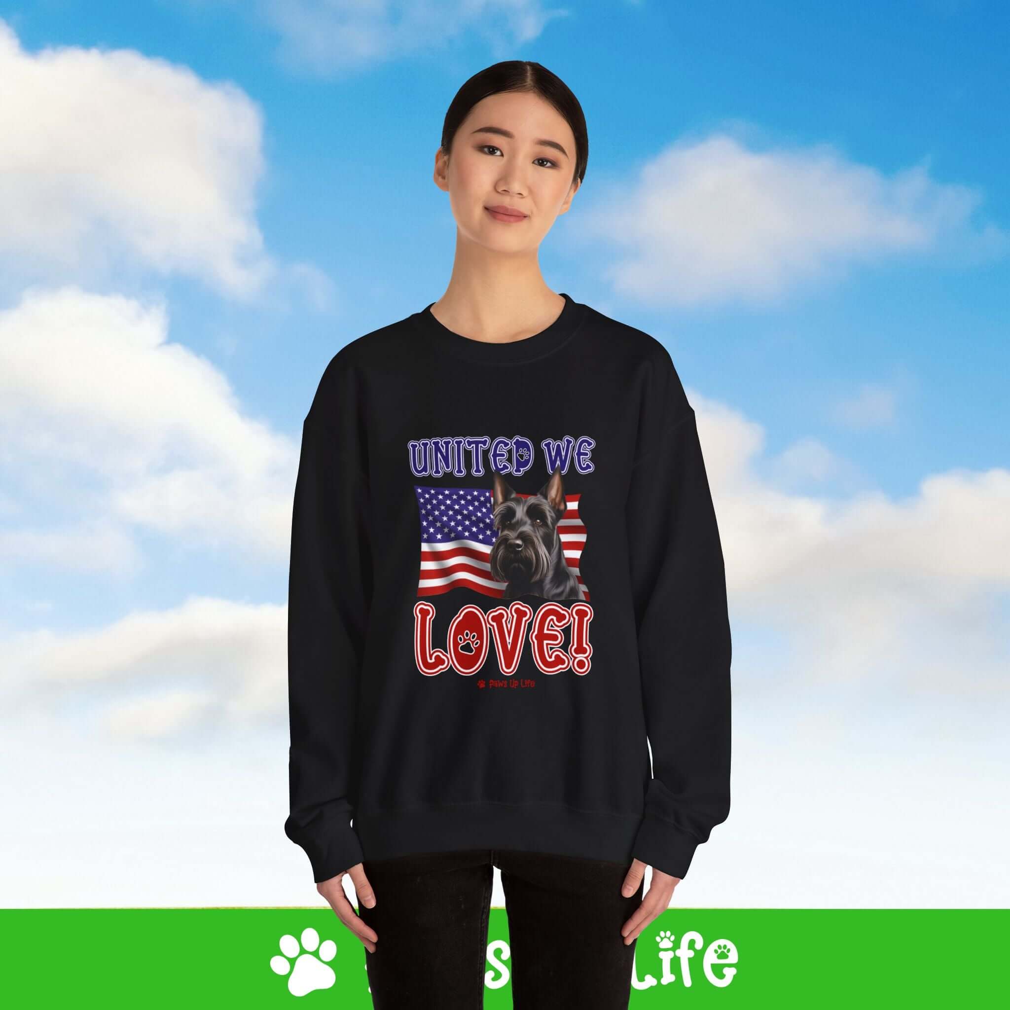 "United We Love" Scottish Terrier Dog Crewneck Sweatshirt – Patriotic Dog Lover Gift, Unisex Apparel for Proud Dog Moms & Dads | Paws Up Life, LLC