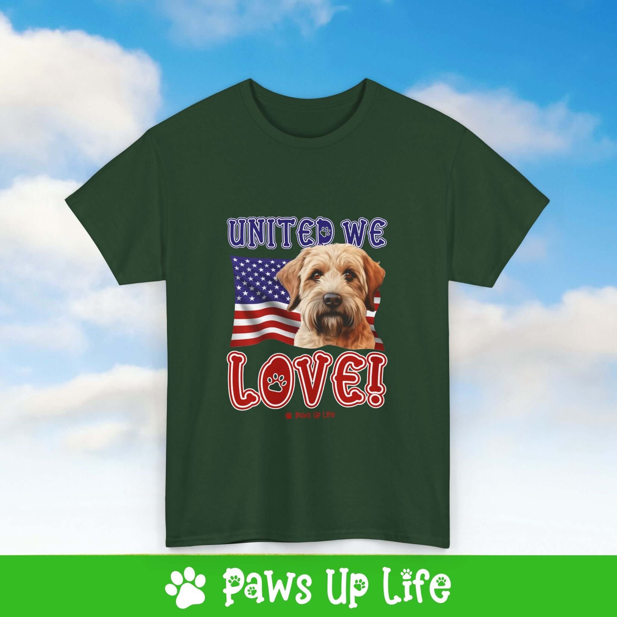 "United We Love" Soft Coated Wheaten Terrier Lover T-Shirt – Perfect Patriotic Gift for Dog Lovers, Unisex Dog Mom & Dad Tee with a Fun Dog Design | Paws Up Life, LLC