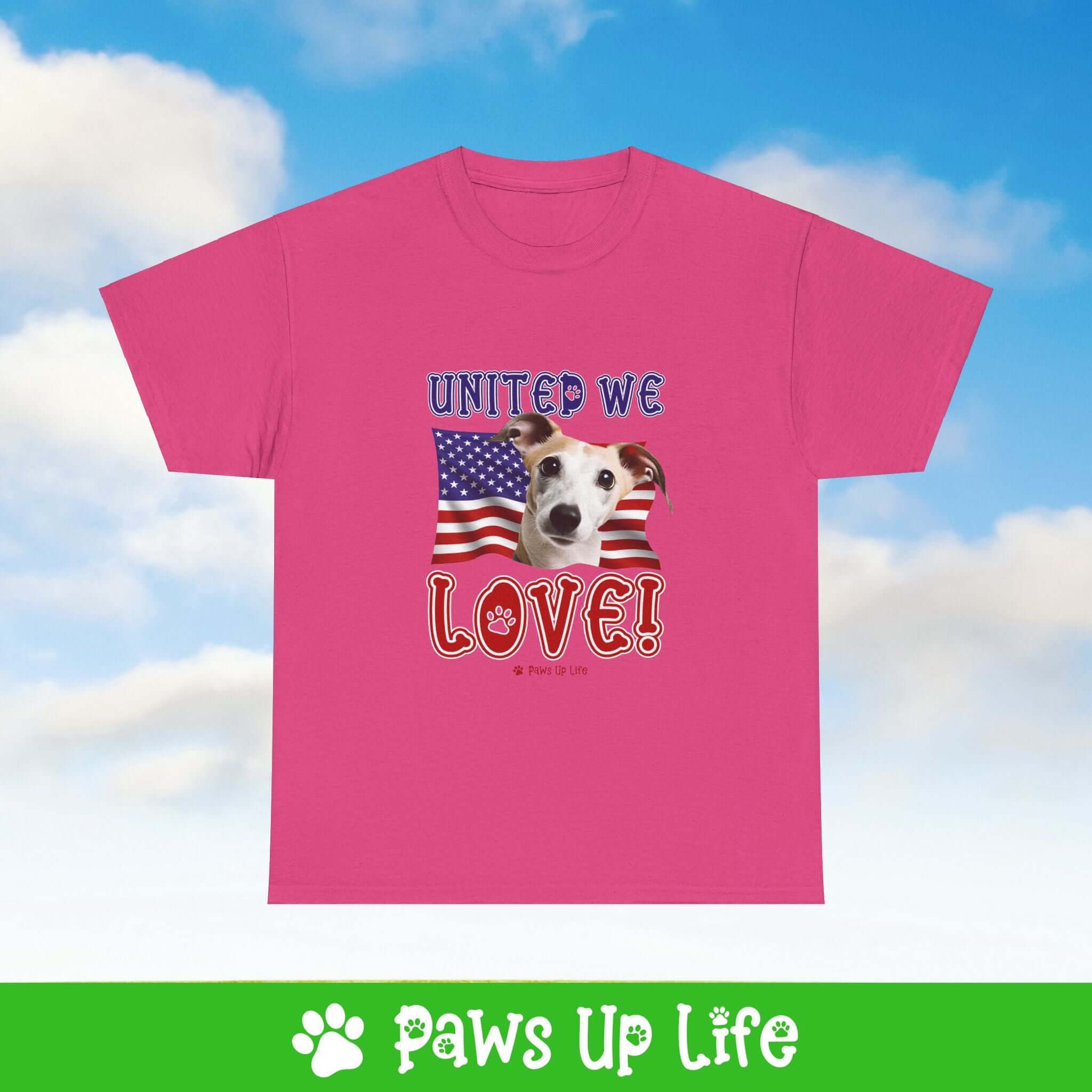 "United We Love" Whippet Lover T-Shirt - Patriotic Dog Design Tee for Dog Lovers, Unisex Dog Mom & Dad Tee with Classic Collar - Cotton Fabric Tshirt