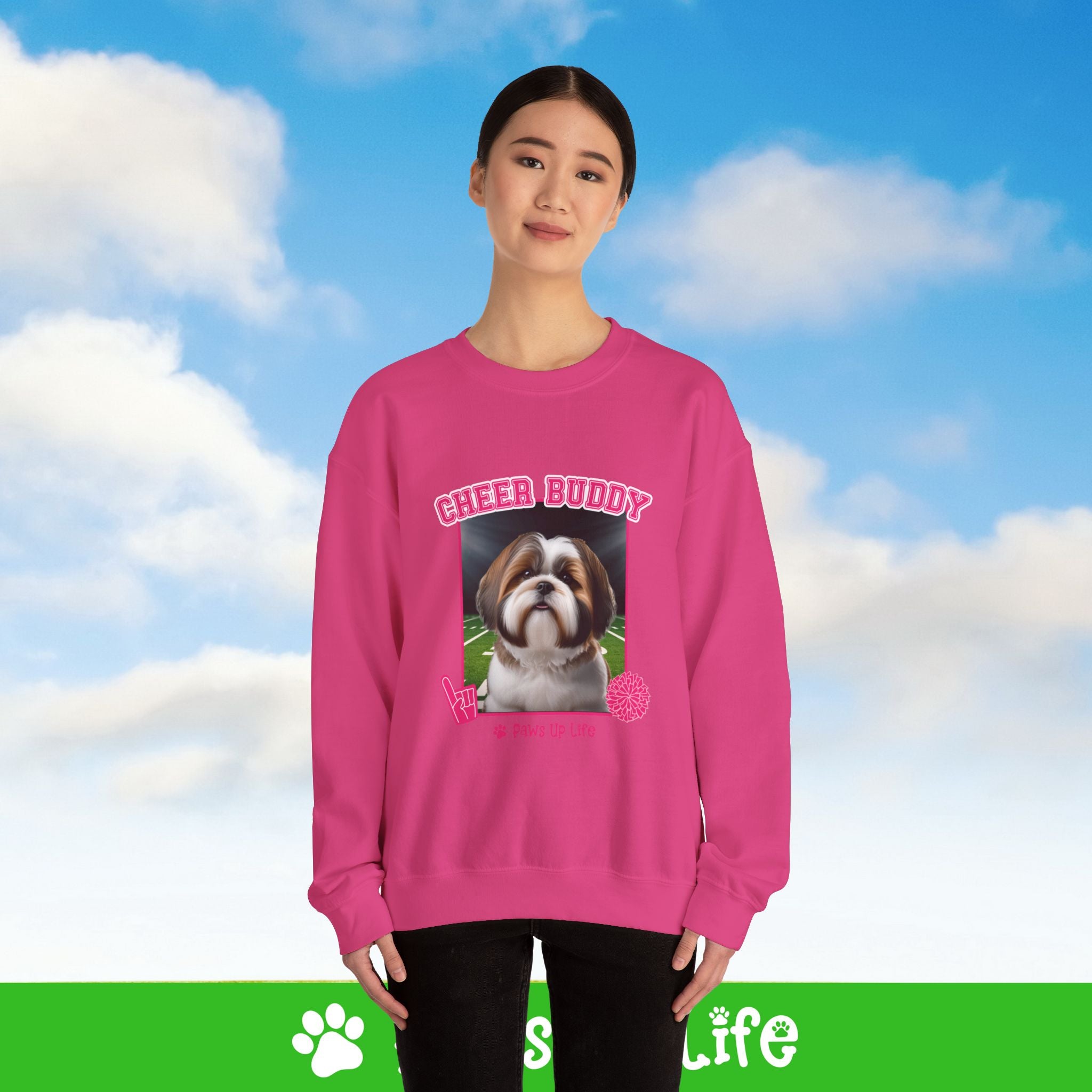 Brown Shih Tzu Football Cheer Buddy Cheerleading Dog Crewneck Sweatshirt, Unisex Gift for Animal Lovers, Dog Mom Dad Sweatshirt, Cute Dog Lover Apparel, Fun Pet | Paws Up Life, LLC