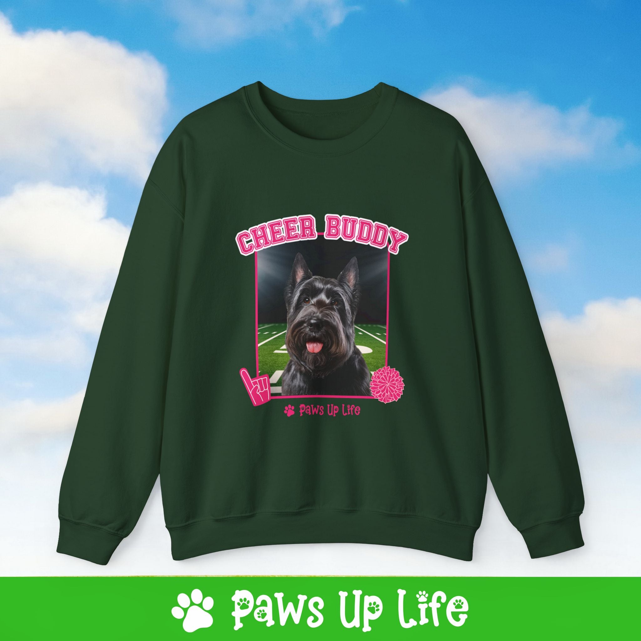 Black Scottish Terrier Football Cheer Buddy Cheerleading Dog Crewneck Sweatshirt, Unisex Gift for Animal Lovers, Dog Mom Dad Sweatshirt, Cute Dog Lover Apparel, Fun Pet | Paws Up Life, LLC