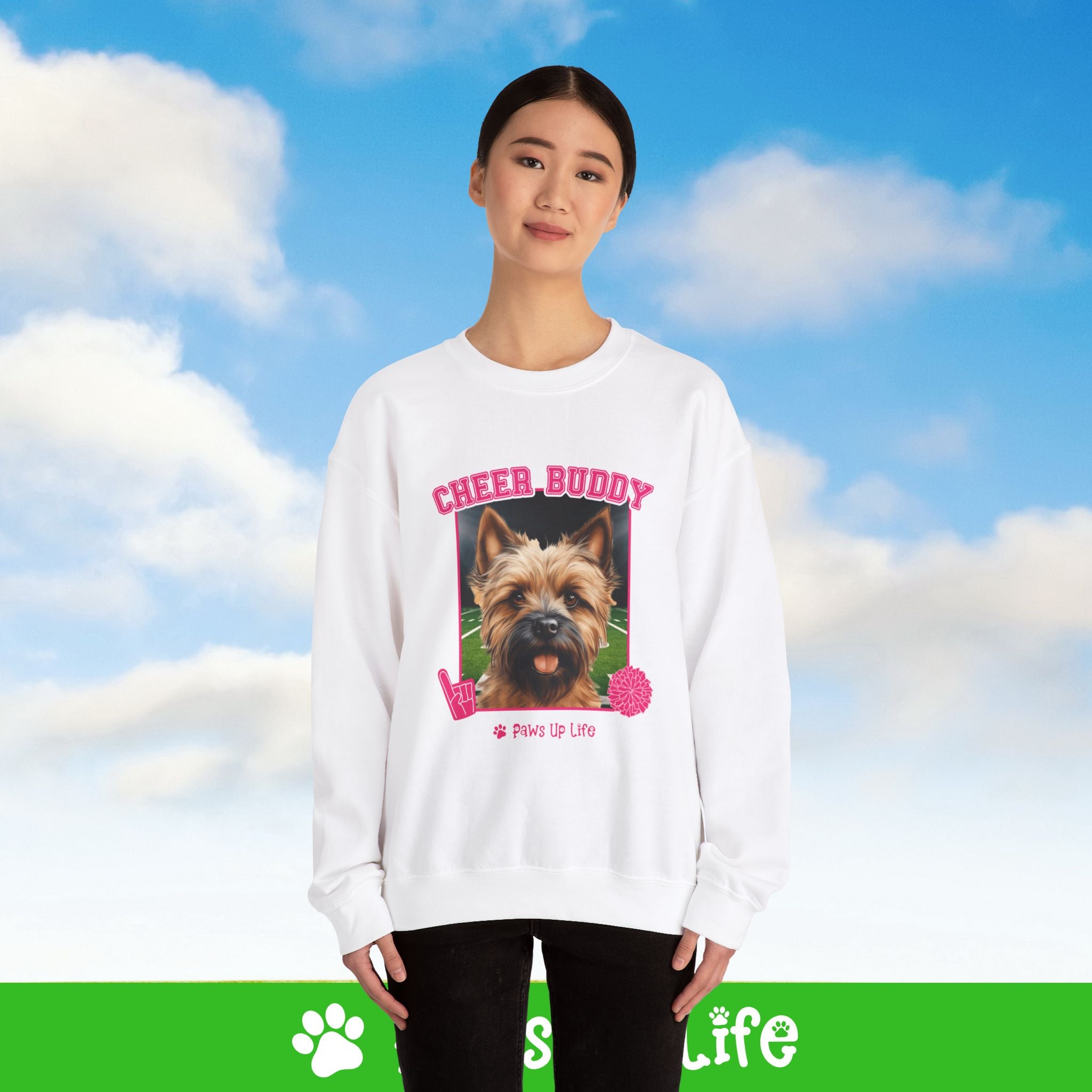 Cairn Terrier Football Cheer Buddy Cheerleading Dog Crewneck Sweatshirt, Unisex Gift for Animal Lovers, Dog Mom Dad Sweatshirt, Cute Dog Lover Apparel, Fun Pet | Paws Up Life, LLC