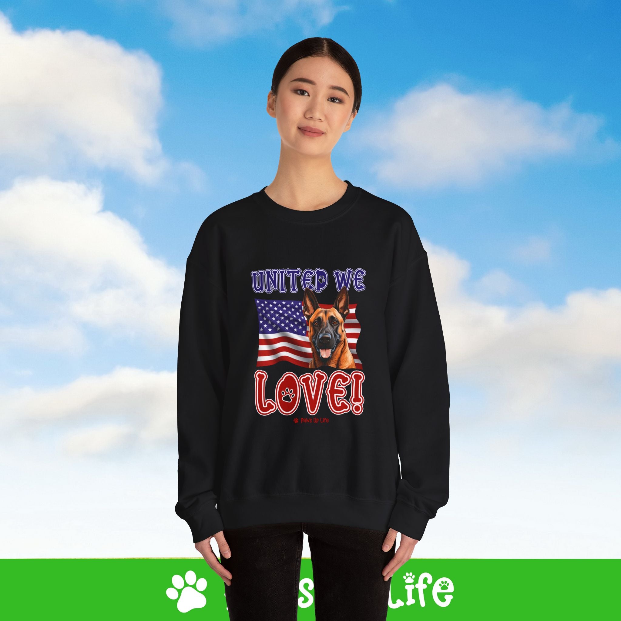 Belgian Malinois Dog United We Love Dog Crewneck Sweatshirt, Unisex Gift for Animal Lovers, Dog Mom Dad Sweatshirt, Cute Dog Lover Apparel, Fun Pet | Paws Up Life, LLC