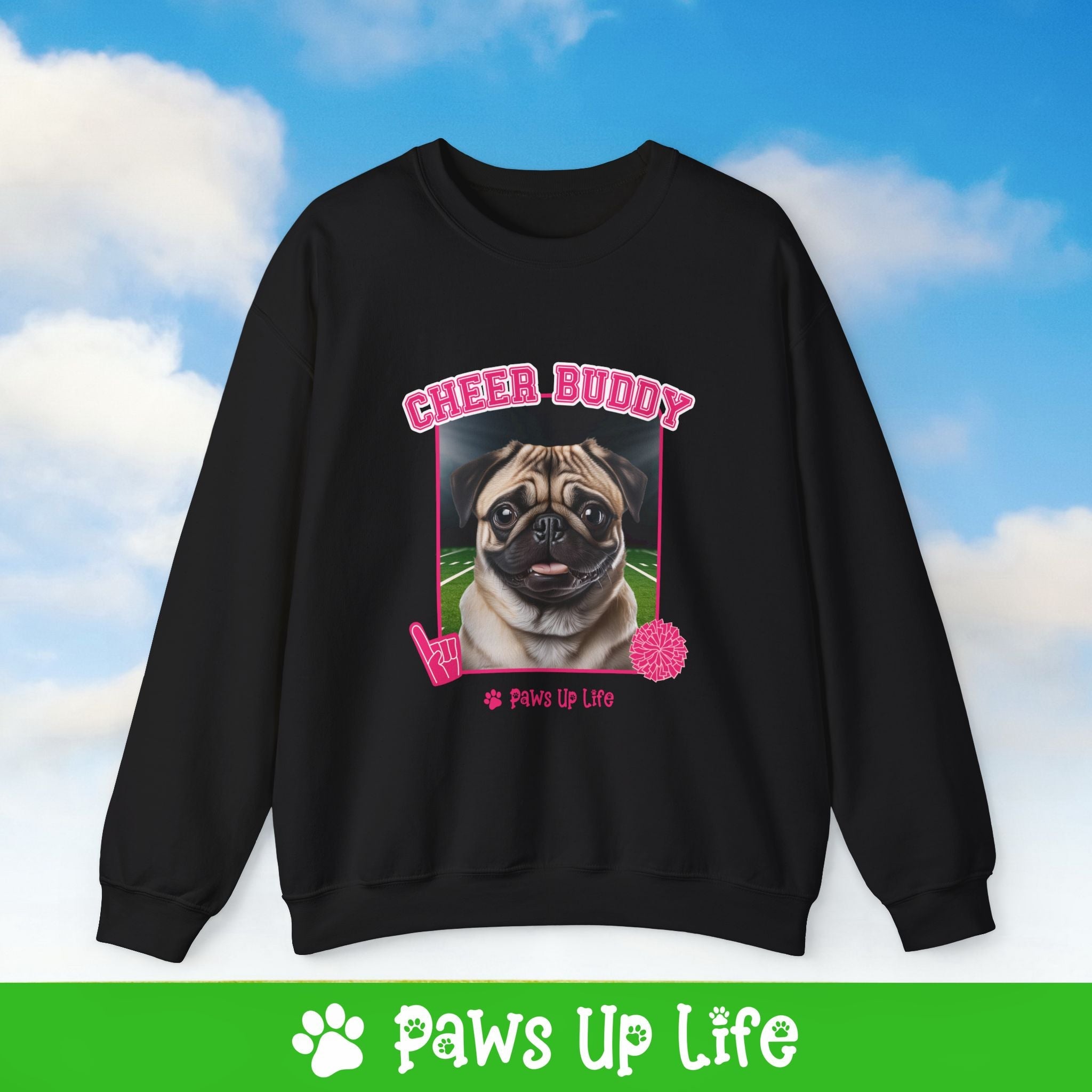 Pug Football Cheer Buddy Cheerleading Dog Crewneck Sweatshirt, Unisex Gift for Animal Lovers, Dog Mom Dad Sweatshirt, Cute Dog Lover Apparel, Fun Pet | Paws Up Life, LLC