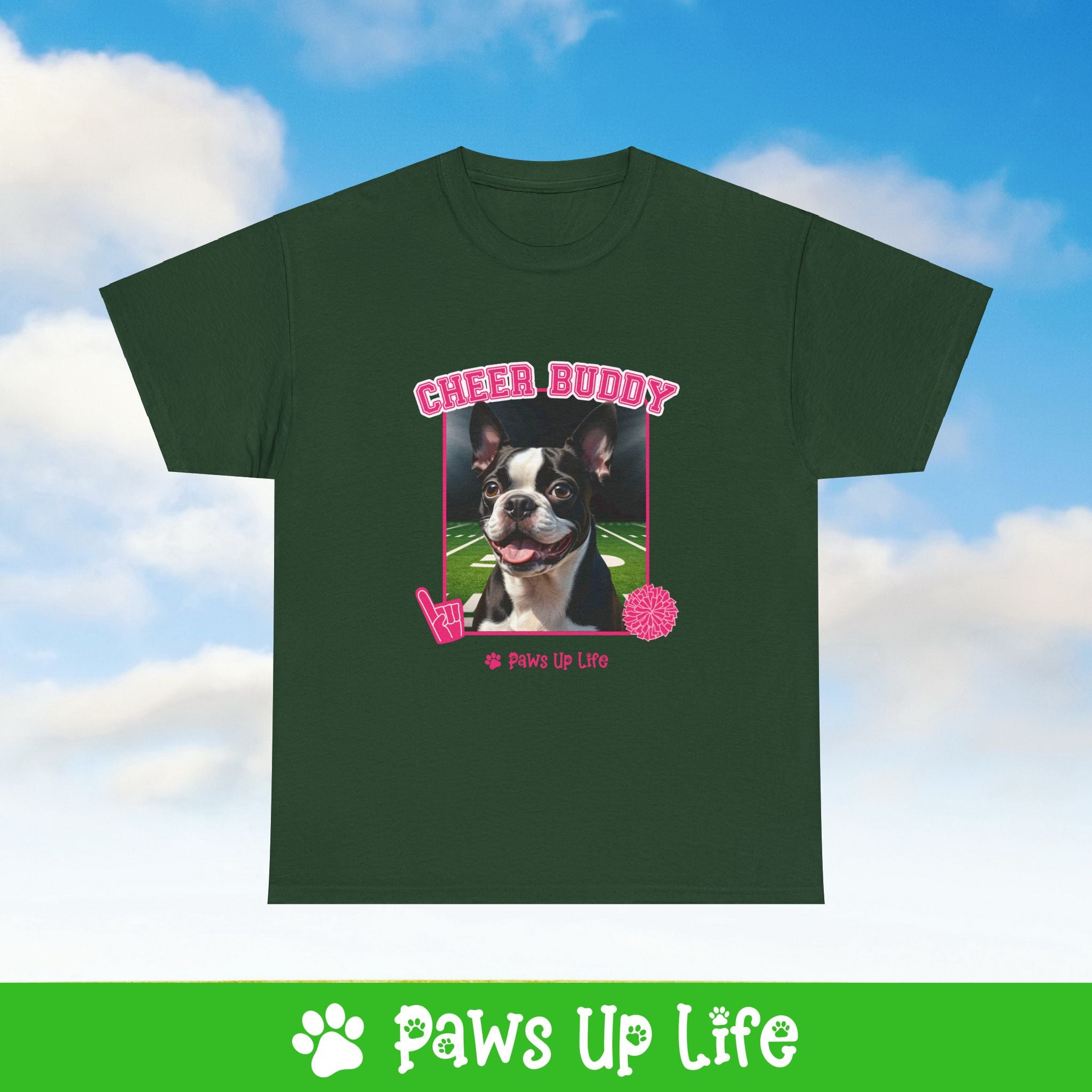 Boston Terrier Football Cheer Buddy Cheerleading Dog Tee, Shirt, Unisex Pet Lover Gift, Dog Mom Dad Tshirt, Animal Rescue Advocate, Cute Puppy Graphic Top Classic Collar | Paws Up Life, LLC