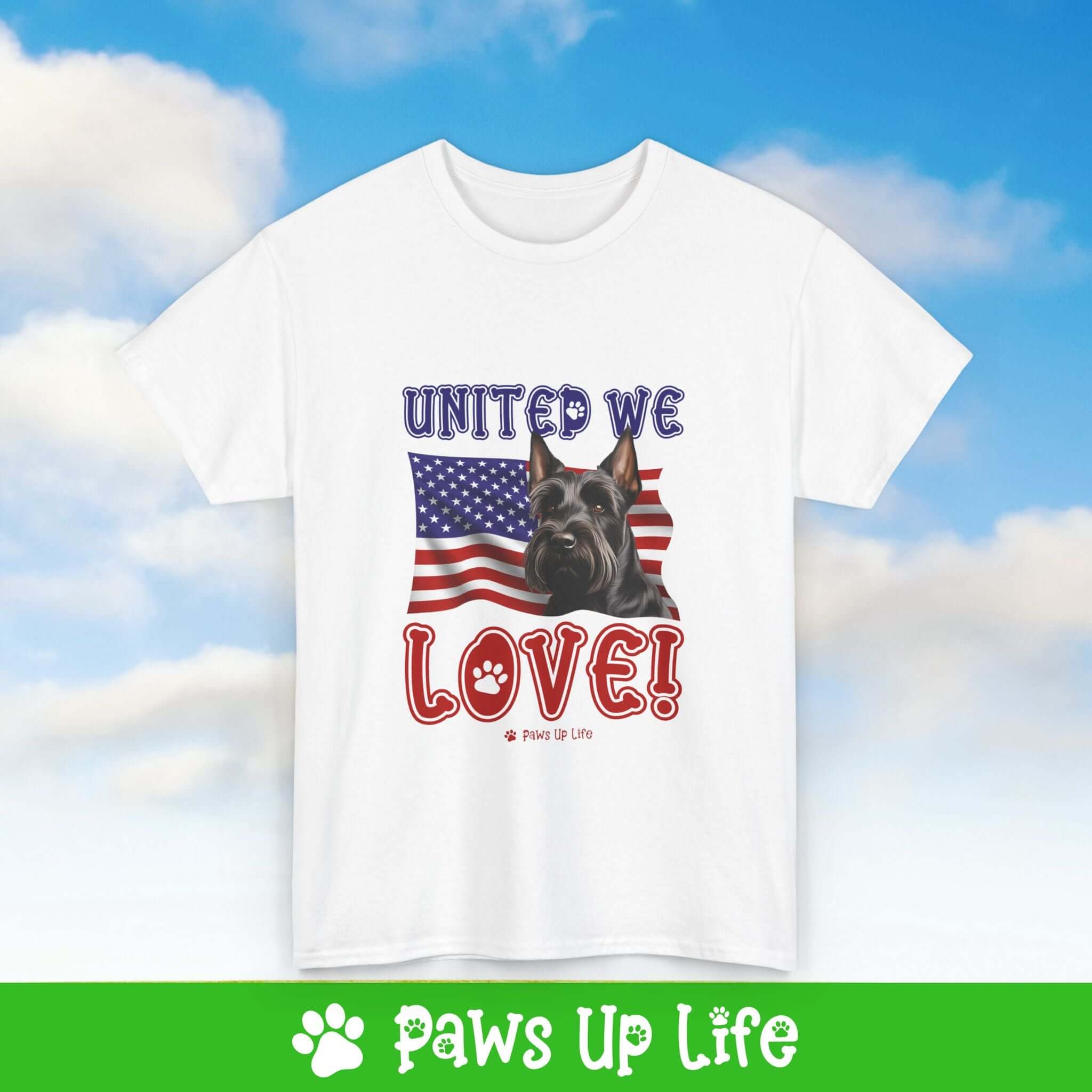 "United We Love" Scottish Terrier Lover T-Shirt – Perfect Patriotic Gift for Dog Lovers, Unisex Dog Mom & Dad Tee with a Fun Dog Design | Paws Up Life, LLC