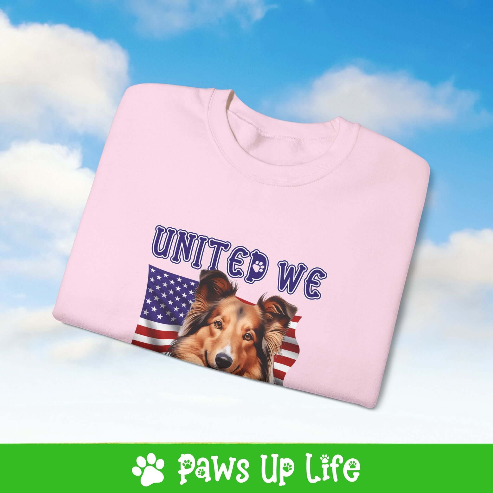 "United We Love" Shetland Sheepdog Dog Crewneck Sweatshirt – Patriotic Dog Lover Gift, Unisex Apparel for Proud Dog Moms & Dads