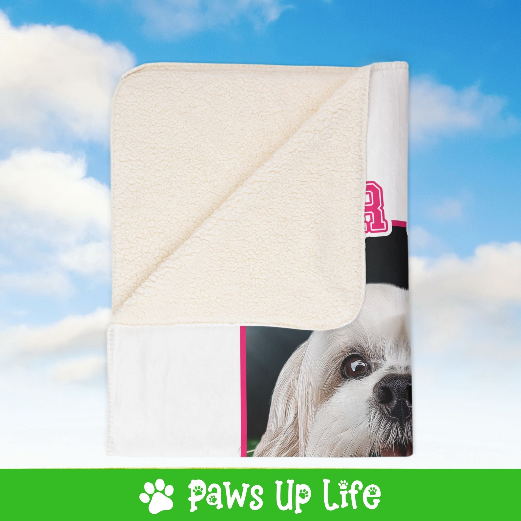 White Lhasa Apso Football Cheer Buddy Cheerleading Dog Fleece Sherpa Blanket - Perfect for Snuggling and Cozy Napping | Paws Up Life, LLC